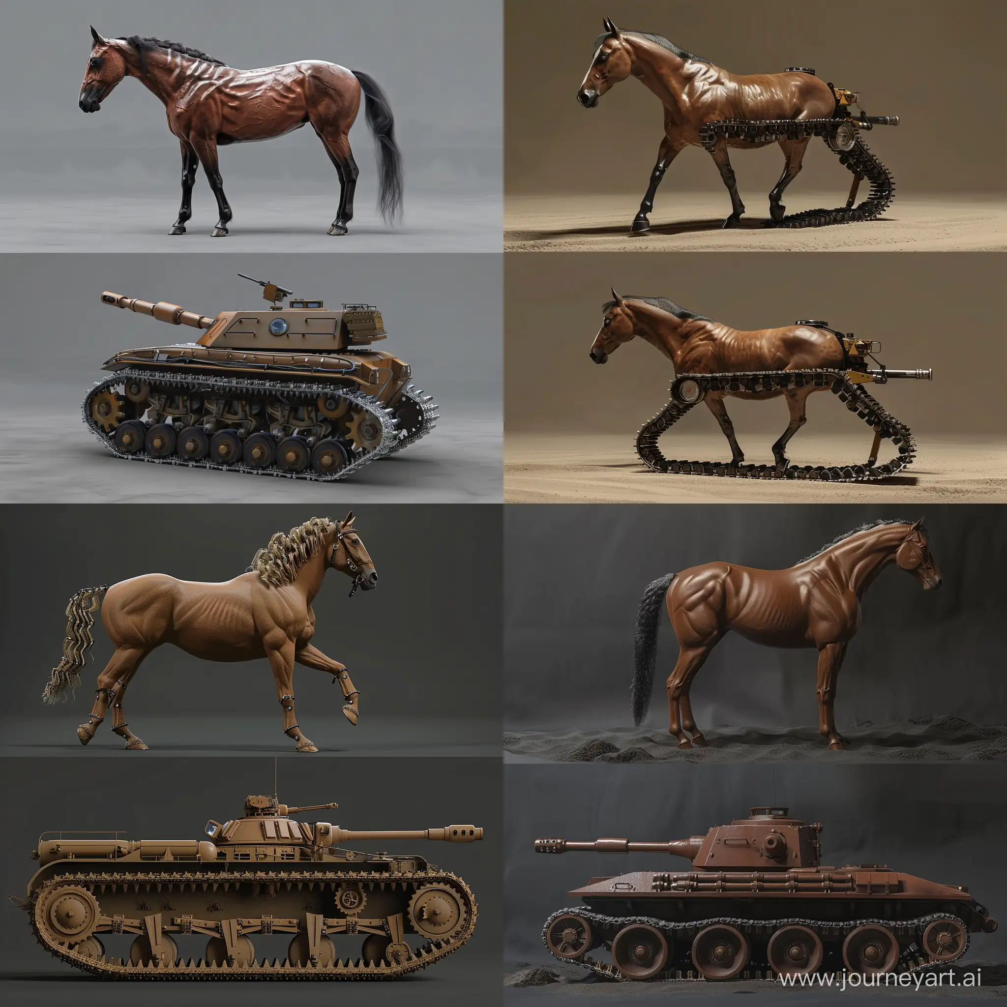 Realistic horse and tank fusion. Top horse, bottom caterpillar tracks for movement.