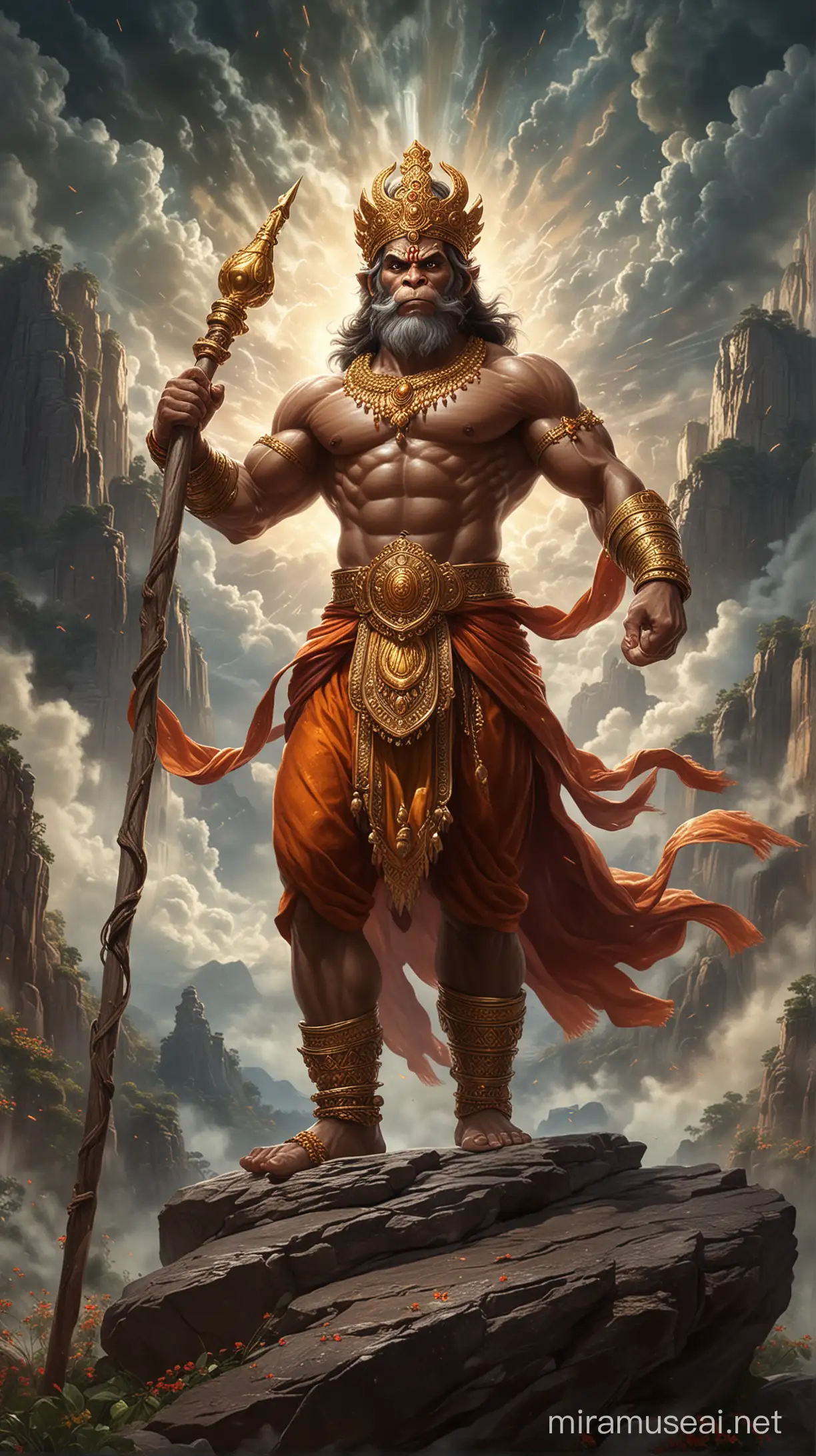 God Hanuman very muscular, tall, godly face, holding a huge Golden mace bomb in right hand pointing to the sky, wearing crown, standing on a hill top, one leg stepping on a big rock, battle field in the background, detailed and intricate environment, dynamic pose, muscles defined with chiseled aesthetics, traditional attire draped elegantly, vivid, ultra realistic.
Hanuman's face is depicted glowing with a divine radiance, symbolizing his divine nature and spiritual power. His aura signifies his purity, courage, and divine protection.
Hanuman is shown wearing a crown or headgear adorned with jewels, symbolizing his royal lineage and divine status as a deity.
Hanuman's face embodies a combination of strength, wisdom, devotion, and compassion.

Thunders roar and lightning dances in the sky, painting it with wild, vibrant colors. Each bolt of electricity illuminates the darkness, revealing the intricate patterns of clouds swirling like celestial brushstrokes. The rumble of thunder echoes through the air, shaking the earth beneath with its power. Nature's own fireworks display, a spectacle both awe-inspiring and humbling, as if the sky itself has come alive with energy and passion. 