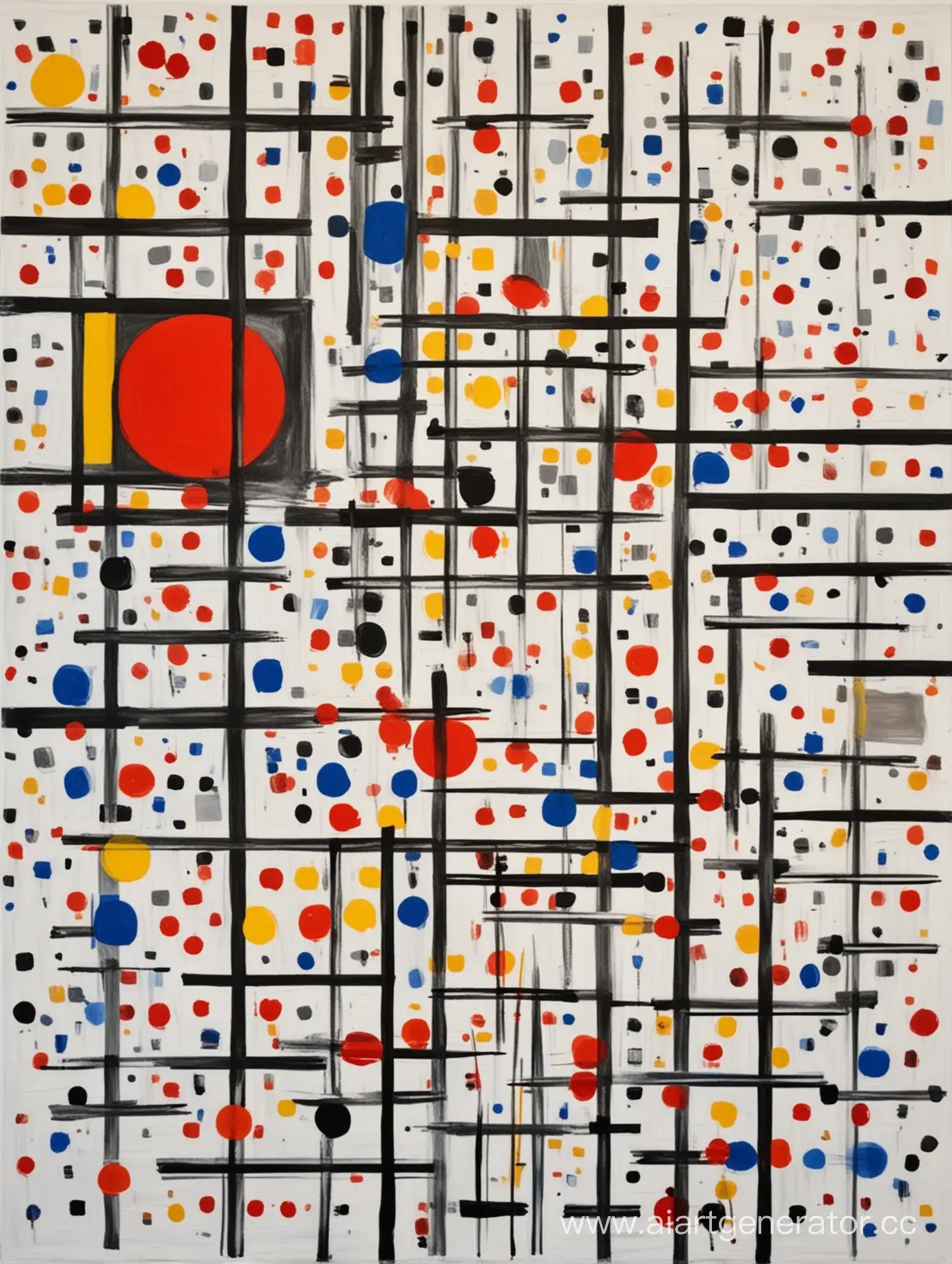 create an abstract painting based on the work of artists Piet Mondrian and Yayoi Kusama.
