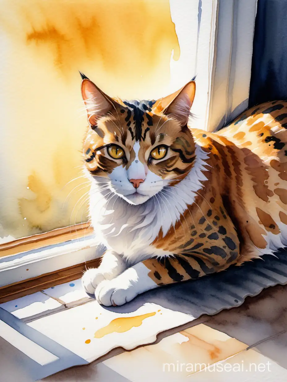 brushy messy pure gouache wet watercolor DETAILED painting OF stray cat with scar on right eye and mangy mottled yellow fur, dramatic lighting, low angle view, forced perspective, masterpiece, background with a touch of watercolor, Chiaroscuro