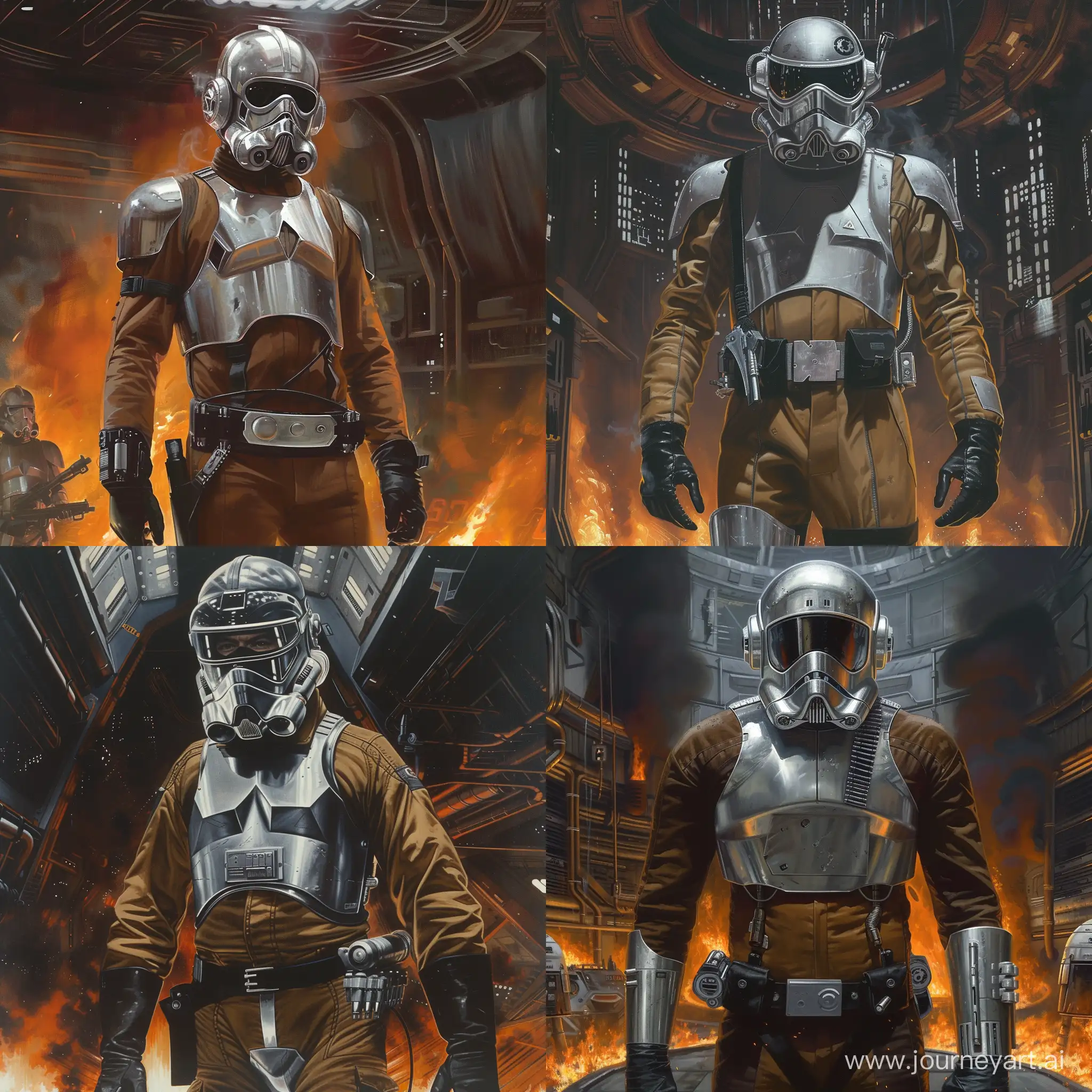 A tall man wearing a silver mask with a visor and a respirator, wearing a suit of silver sci-fi armor over a brown bodysuit with black rubber gloves. He wears a belt with weapons
Futuristic, militarism, Closed Face, Visor, Respirator.
Painted by Ralph McQuarrie
Burning dark space station hall in the background. 
