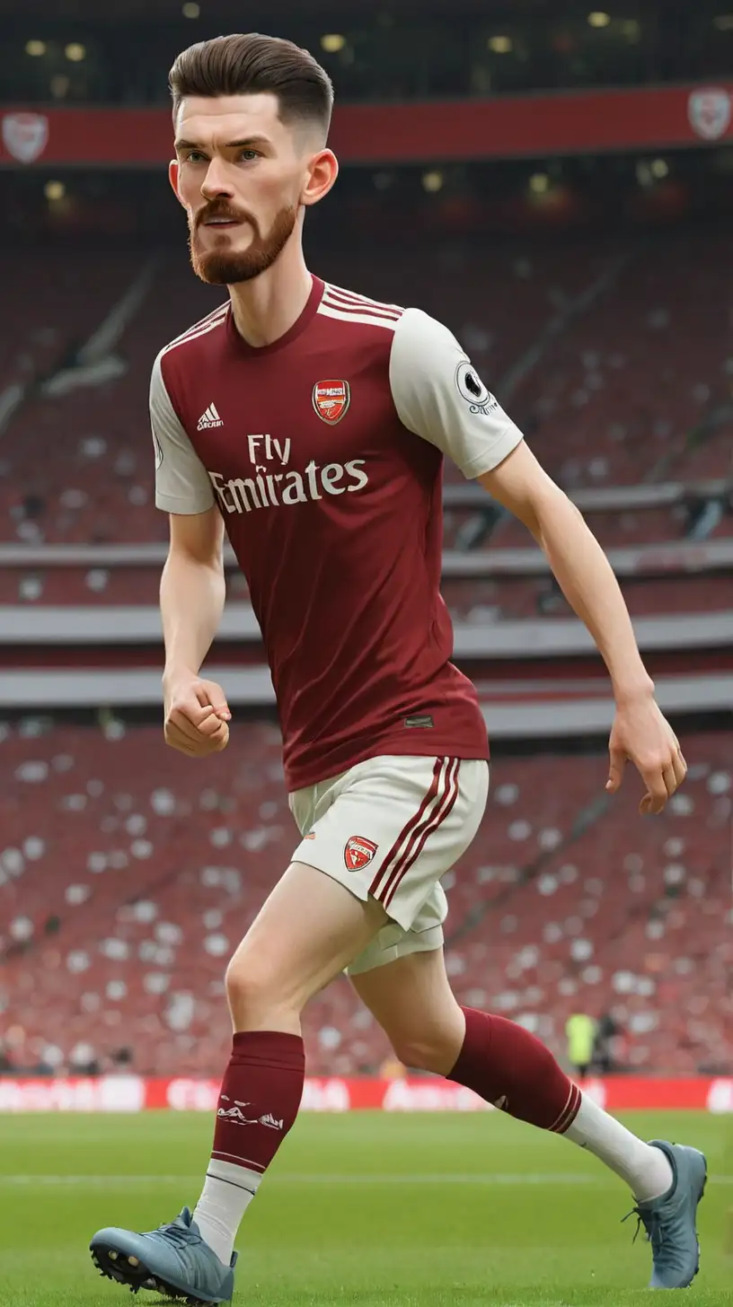 Draw the image of Declan Rice The beard is thin and sparse
IN Arsenal T-SHIRT , dribbling the ball ,the background image is the stadium

, 3d cartoon,wearing shoes,