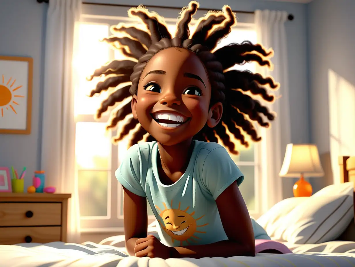 7 year old African American girl with reoccurring character wakes up from bed at 6:30am just as the sun breaks in her beautiful big spacious bedroom  as she is stretching with a smile on her face
