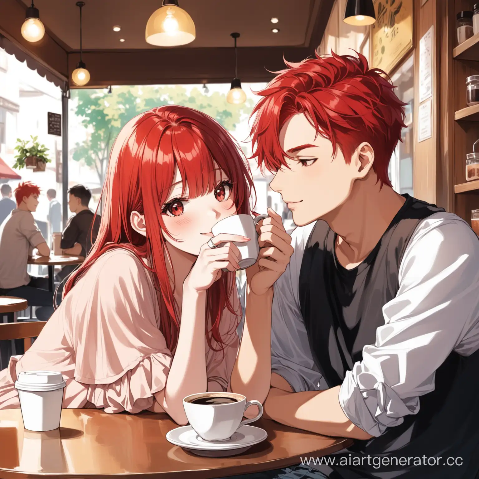 девушка с красными волосами, сидит с парнем в кафе пьёт кофе
