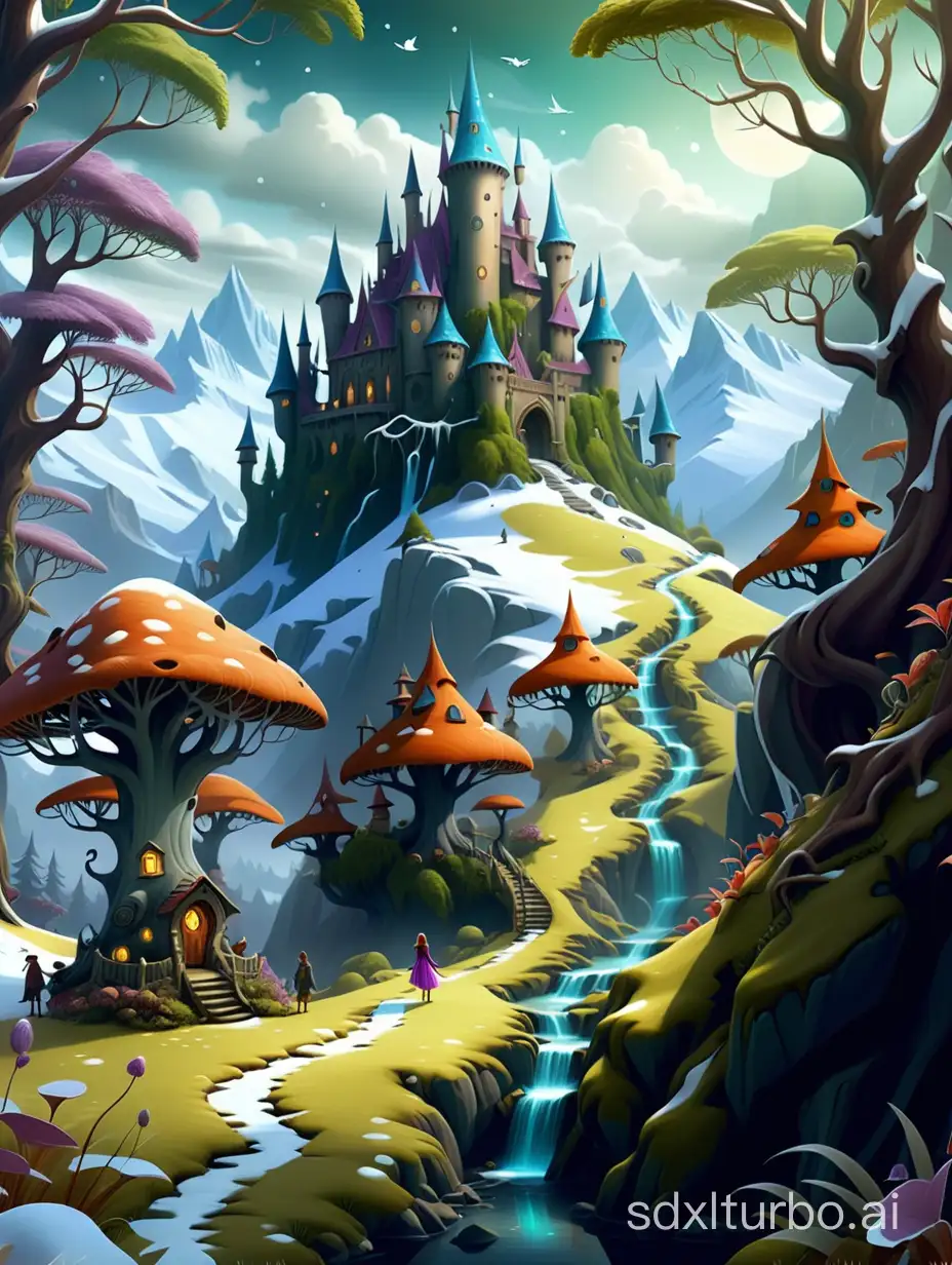 A magical and mysterious world full of fantastic creatures and breathtaking landscapes, such as enchanted forests and snowy mountains.