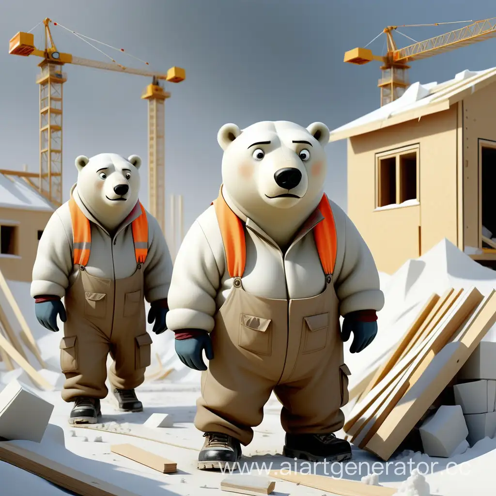 строители идут на работу , кругом снег и сильный ветер, снег до пояса, среди строителей белый медведь, идет вместе со строителями на работу, тепло одеты, очень тепло одеты, на лицах страдание, настроение испуганное. в дали видна стройка , строят каркасный дом из досок,  видны лица строителей 