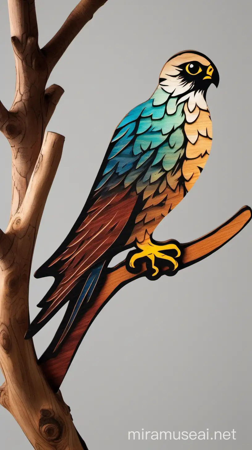 Silueta de madera en forma de cernícalo y pintado a color, colocada sobre una rama de árbol