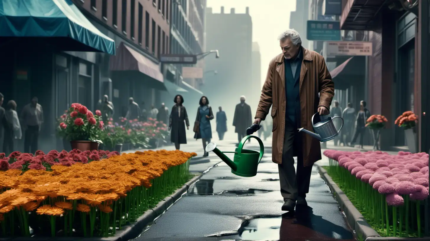 Futuristic Urban Oasis MiddleAged Figure Tending to SciFi Street Flowers