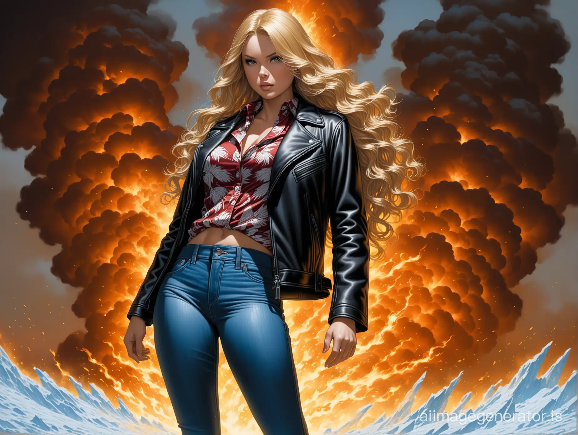 Two girls are standing together;((blonde long curly hair, shy quiet,dressed in a classic suit) next to (brunette informal,black long hair,dressed in a leather jacket,printed blouse,jeans));background airbrushing fire and ice;Greg Rutkowski|Brian Bolland;(epic,epic detail,masterpiece,best quality,photorealistic,ultra-high detail;femme fatale;full body , dramatic, extreme composition)