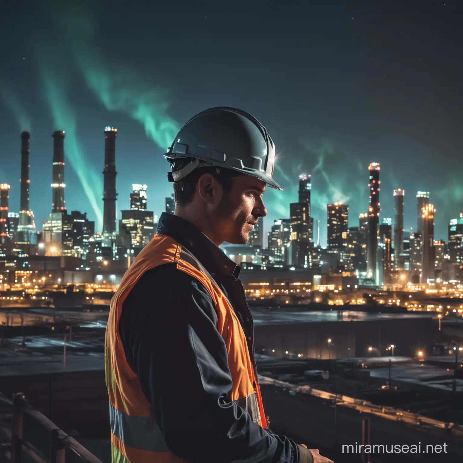  Oiler,  The image shows a man wearing a hard hat working in a factory. He is dressed in workwear and appears to be a blue-collar worker or technician in an industrial setting.The image shows a city skyline at night with lights in the sky resembling an aurora. It features skyscrapers, city lights, and a green outdoor setting.