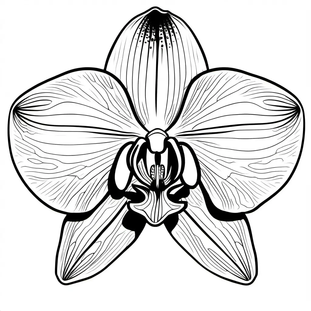 black and white, ((view looking down on)) isolated Orchid Flower bloom, Coloring Page, black and white, line art, white background, Simplicity, Ample White Space. The background of the coloring page is plain white to make it easy for young children to color within the lines. The outlines of all the subjects are easy to distinguish, making it simple for kids to color without too much difficulty