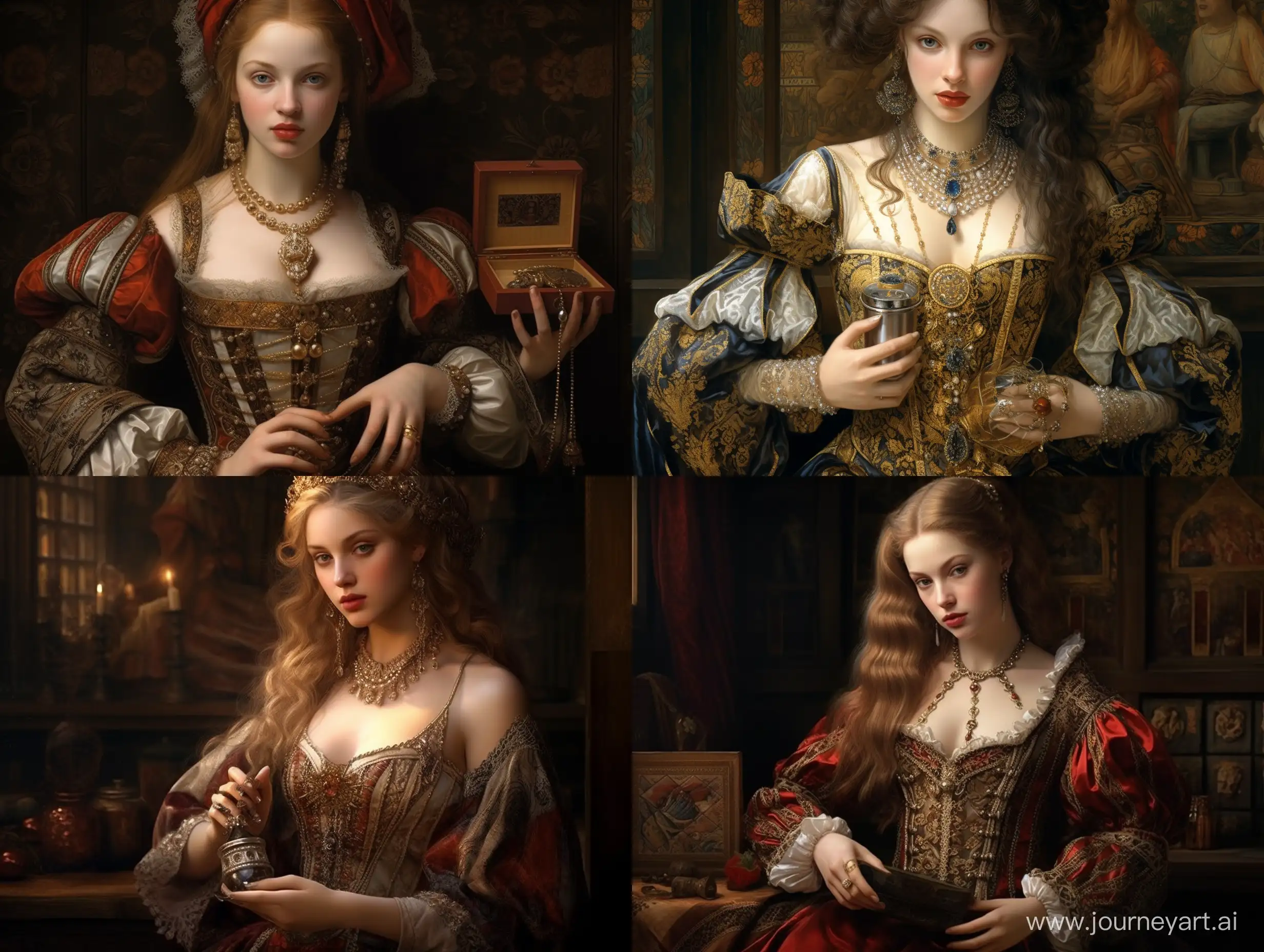 Женщина 16 век, красиво, детально, реалистично, одежда! Того времени, держит в руках парфюм