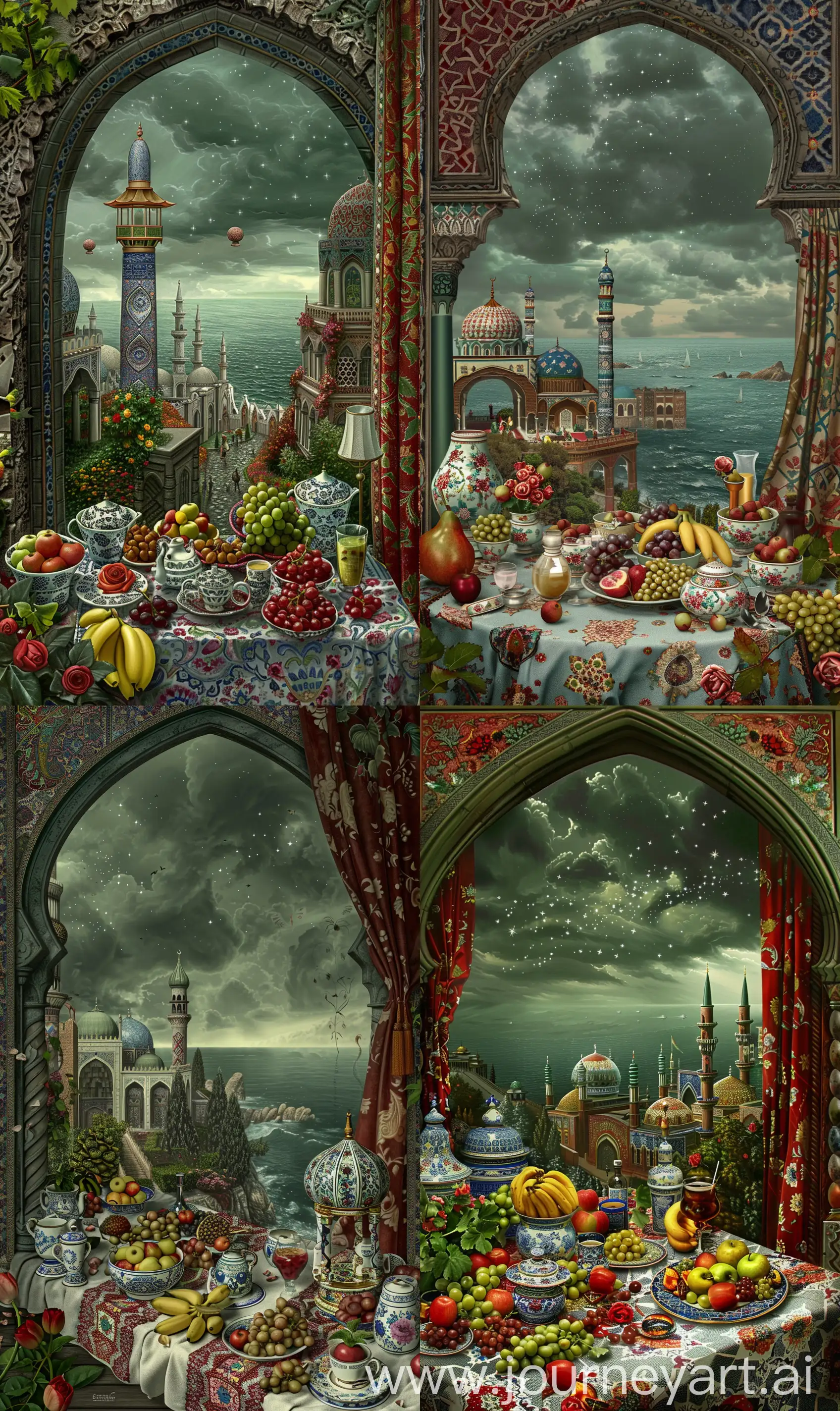 Fantasy art in style of Renaissance painting, view from a Timurid arch, view of floral arabesque tiled islamic buildings and mosques having red white blue tiled exterior covered with persian tiles, beyond a vast grey sea, a table cloth full of islamic ornamented porcelain utensils with many fruits grapes bananas apples, rose tulip flowers and drinks, islamic ornamented lamp on table, arabian curtain on side, dark greenish grey cloudy sky with stars --ar 3:5 --v 6