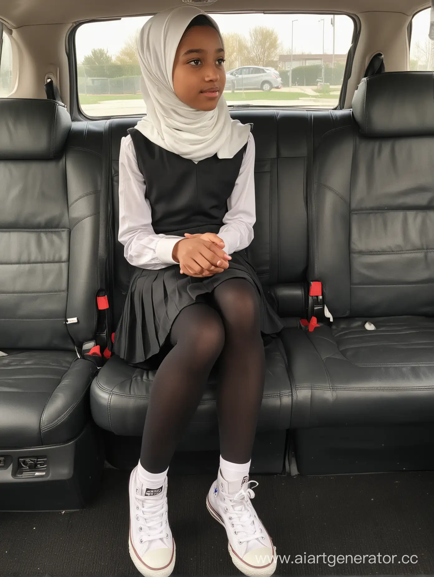 A little girl, 12 years old, hijab, mini school skirt, white short converse shoes, school uniform, black opaque tights, sits car seat, from side, top view
