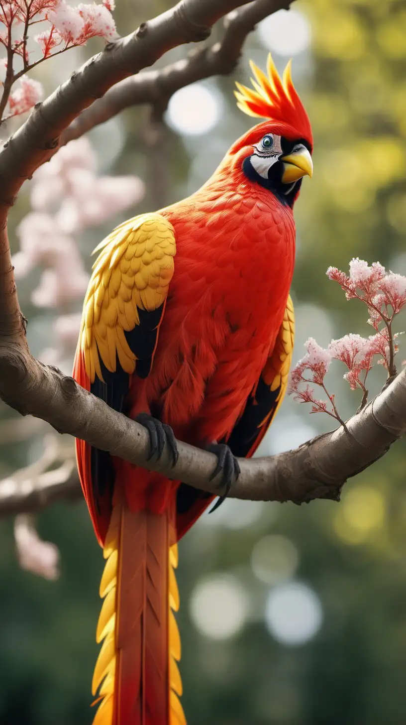 Big Red Bird with Yellow Stripes. Blooming tail. Long White Topknot. Relaxing on a tree branch. Realistic. Bright colour. Late afternoon. Bottom up camera Shoots 5M Away All Visible Objects. 10K Image Quality