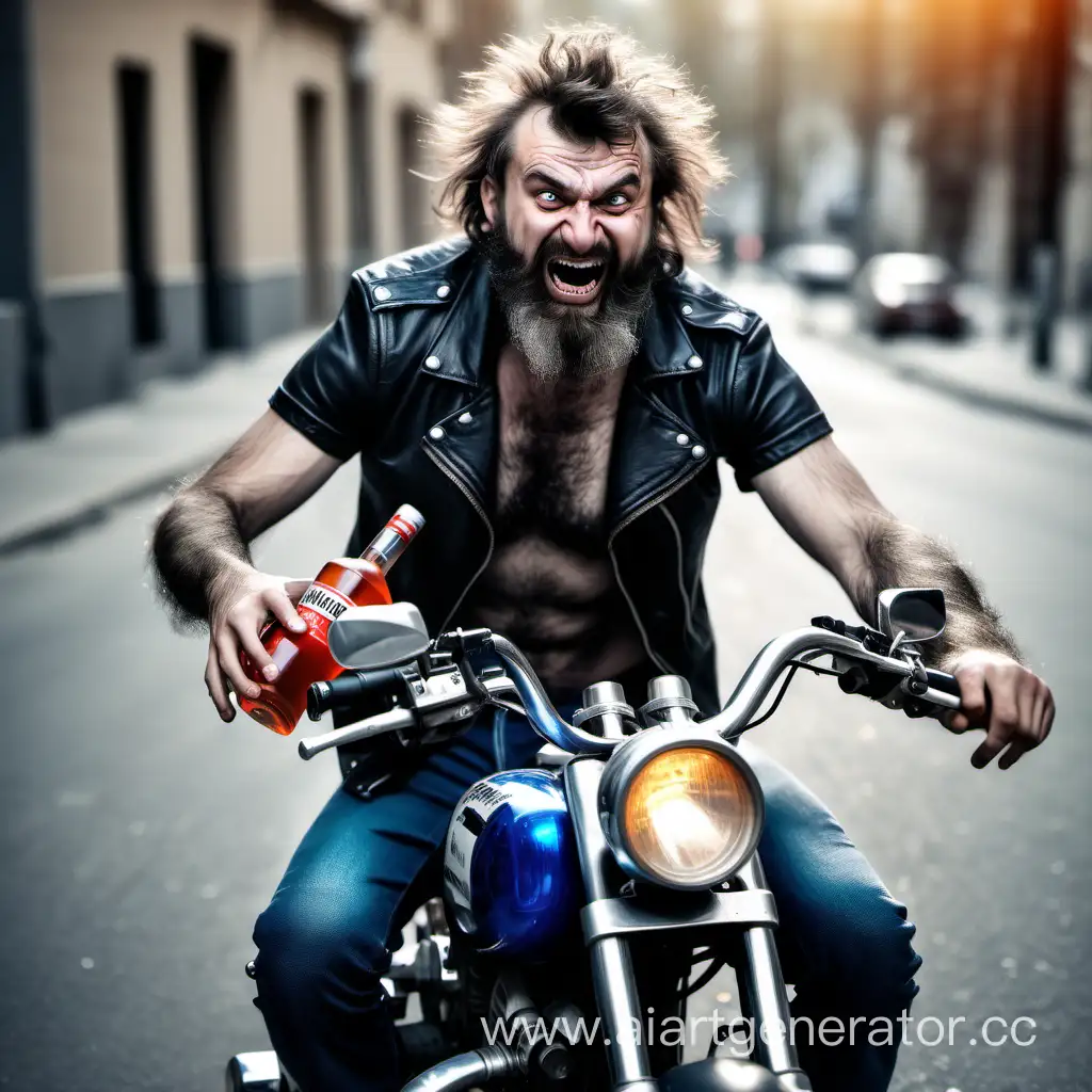 пьяный волосатый парень с водкой в руках угнал мотоцикл