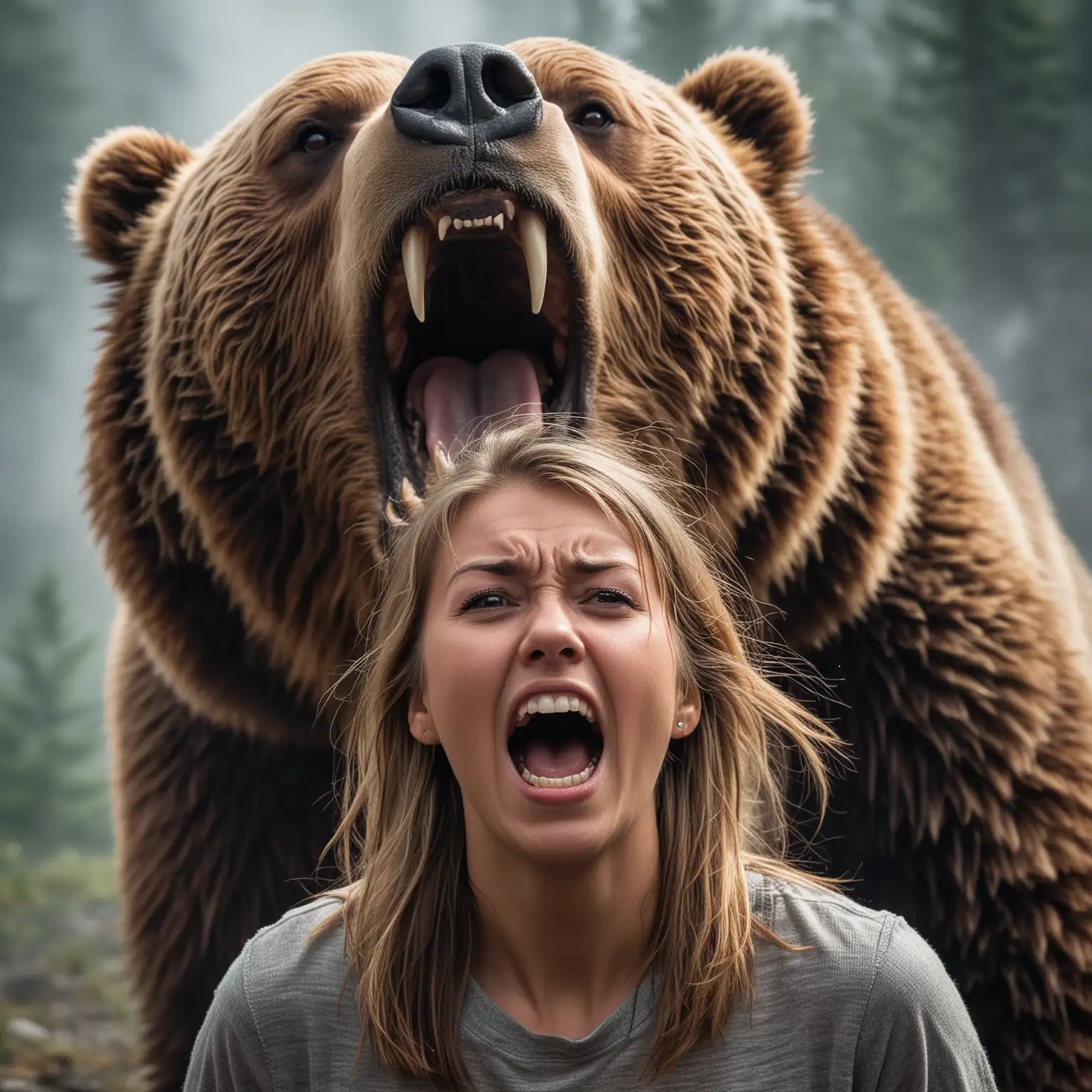 scared person with a grizzly bear roaring above, scared, teeth, roar, eyes