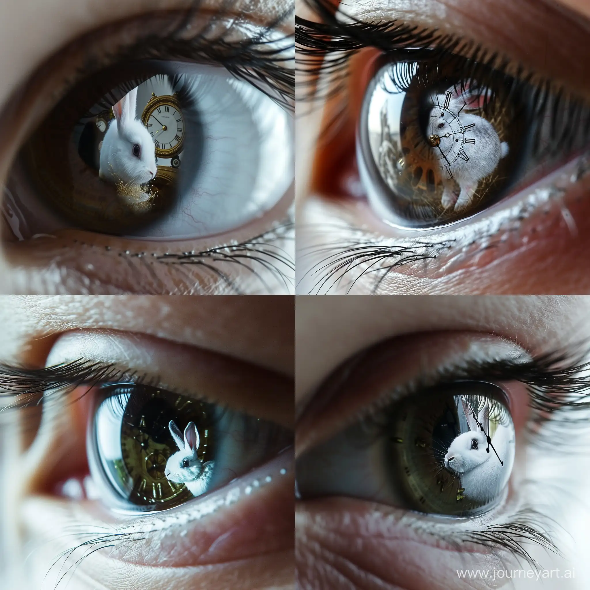 Человеческий глаз крупным планом в котором отражается белый кролик с часами 