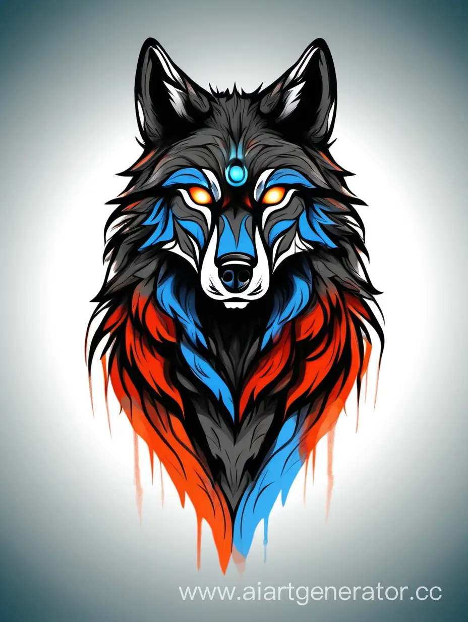Нарисованный волк для аватарки, используя цвета: черный, красный, синий, оранжевый.