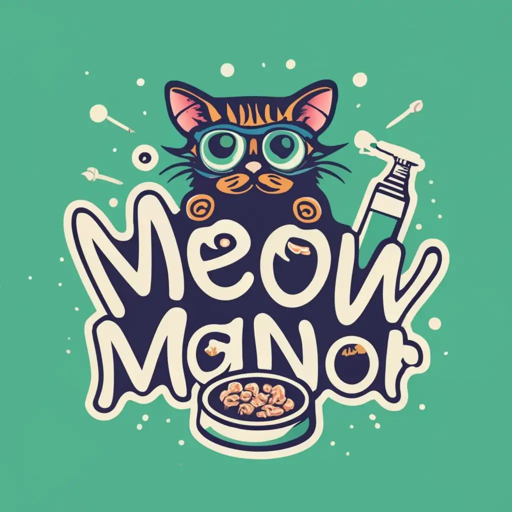logo, a cat and its cat food, natural repellant spray and odour solution, with the text "MEOW MANOR", typography, be used in Animals Pets industry