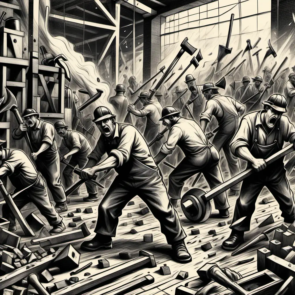 Industrial Revolution Protest Workers in Anguish Dismantling Factory Machinery