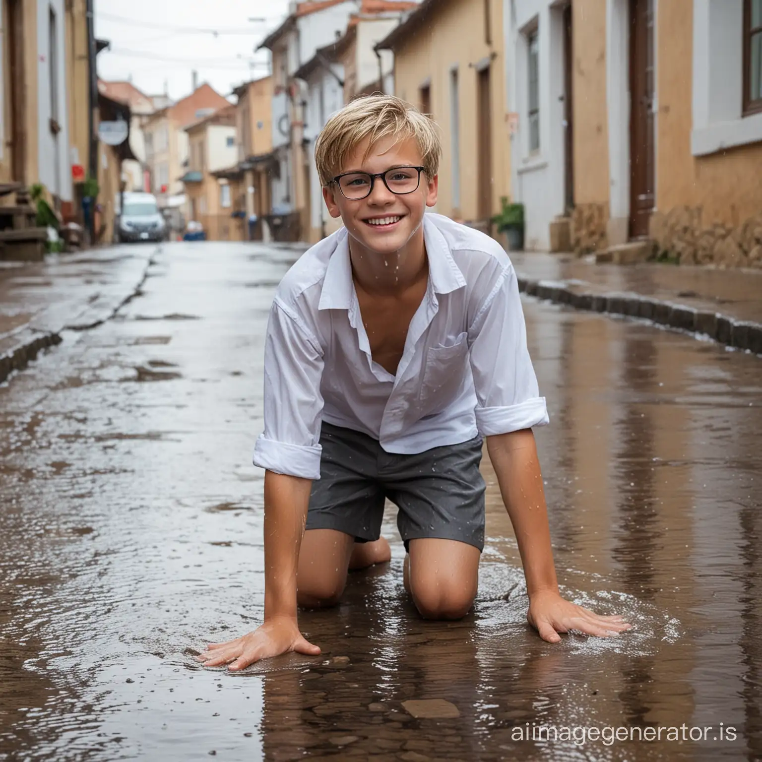 Cheerful Teen Boy in Rainy Provincial Town | AI Image Generator