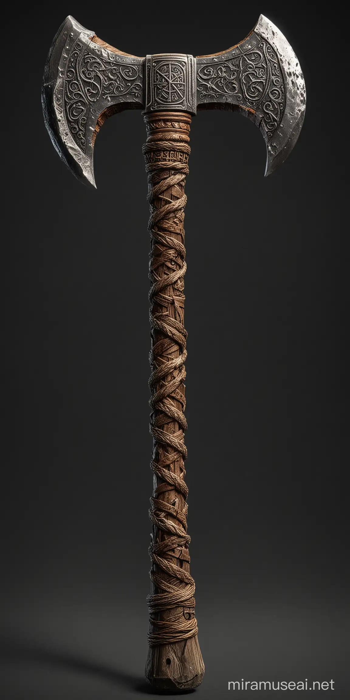 The image features a large, two sided ornate axe with a wooden handle. its a fantastic game item. barbarian viking, orc axe. The axe has a metallic head with intricate designs and a spiked edge. The handle is wrapped with multiple strands of rope or twine, creating a pattern that adds to the axe's aesthetic appeal. The background is black, which contrasts with the axe and highlights its details. two side axe full body no shadow black bacground, arty, concept art, unique, giant