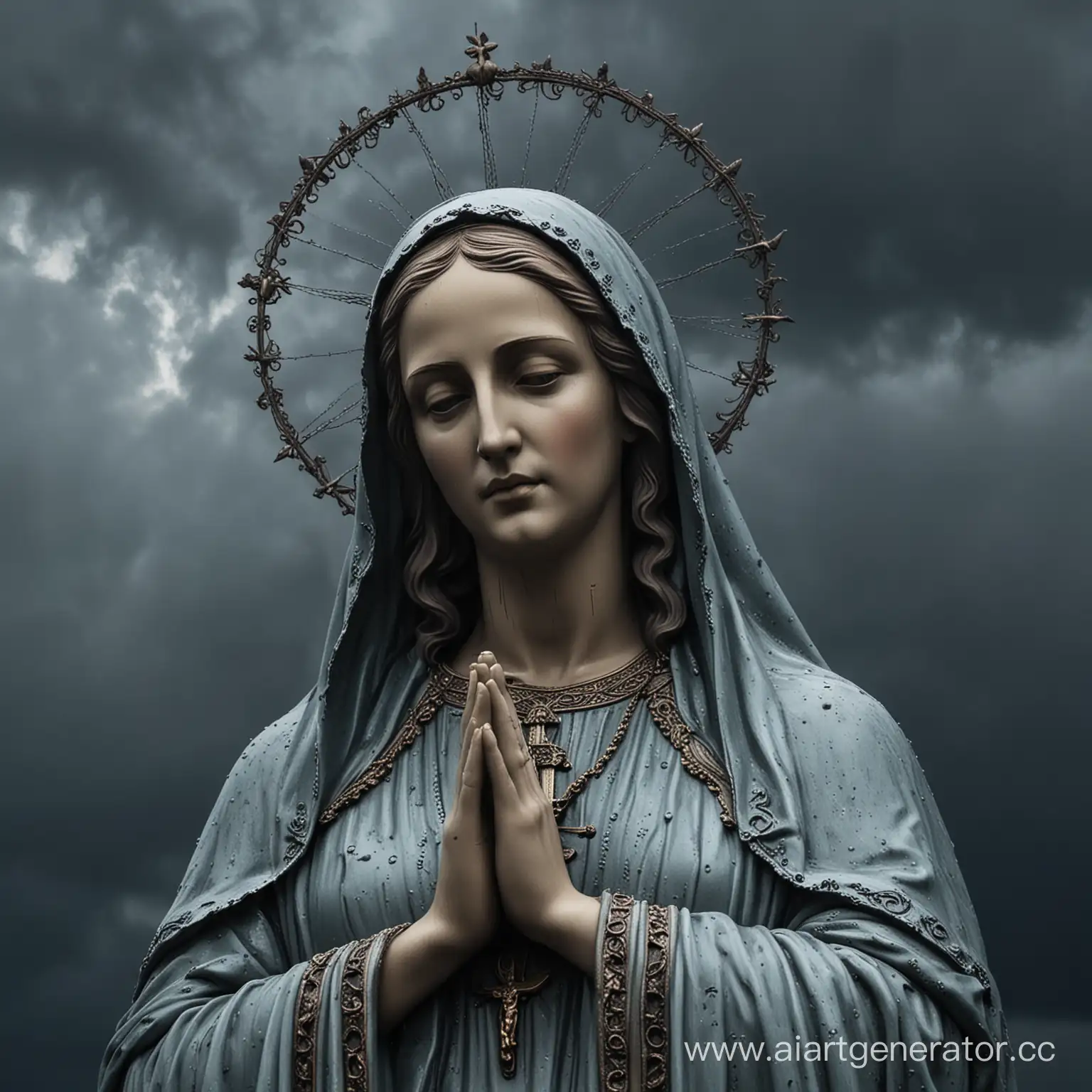 Портрет Статуи девы Марии на фоне мрачного неба в стиле готики в темных цветах