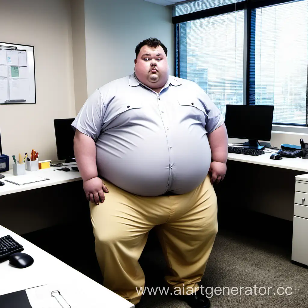 Очень жирный работник в офисе