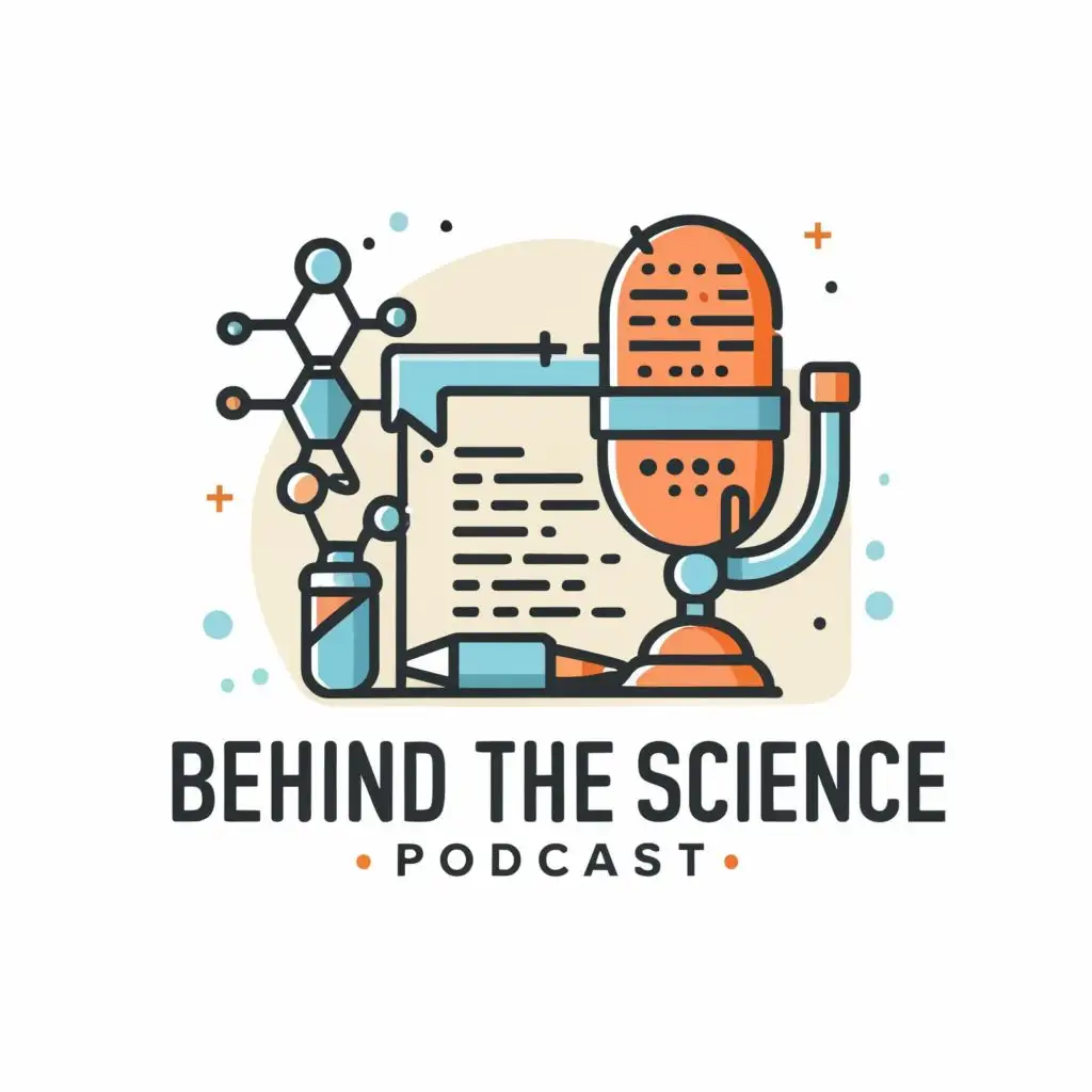 logo, research paper and microphone, with the text "Behind The Science Podcast", typography, be used in Education industry