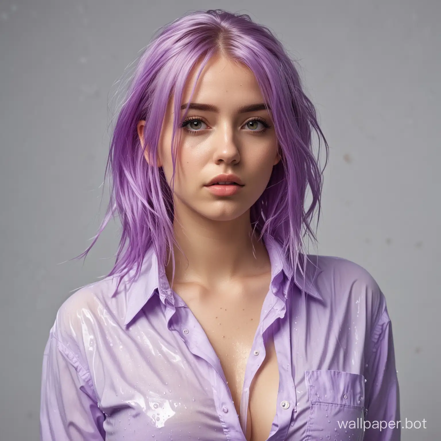 Girl, in a shirt, big chest, wet, violet hair color