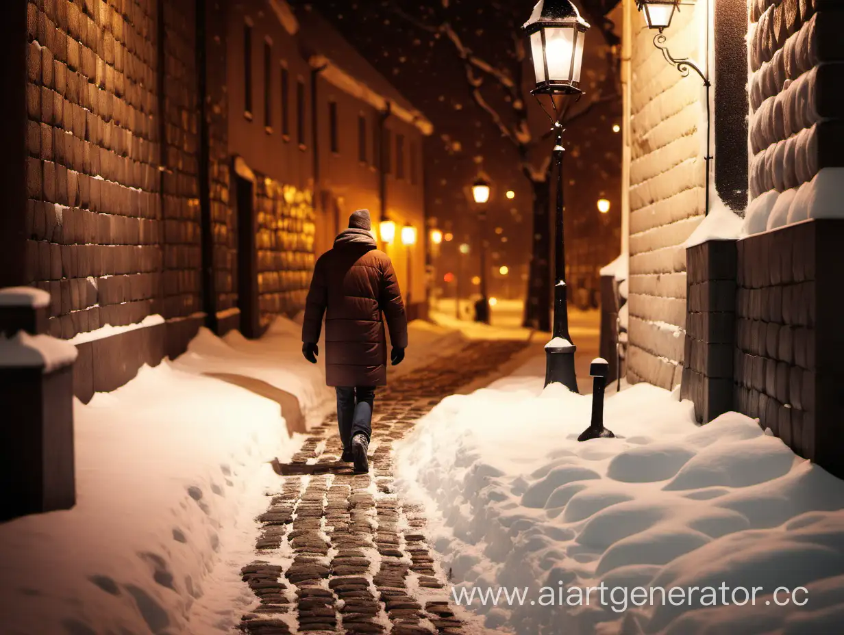 ночь, снег, улица, фонарь, теплый свет,одинокий парень идет по брустчатой мостовой
