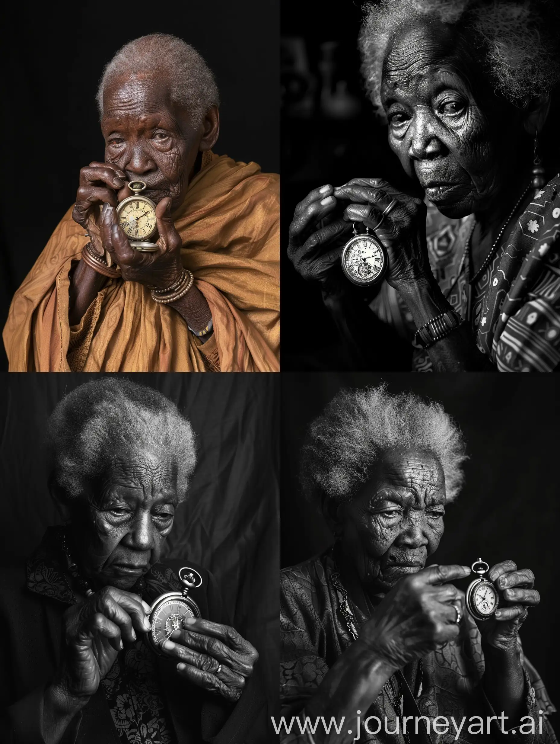 Old African woman  holding a pocket watch and staring at it