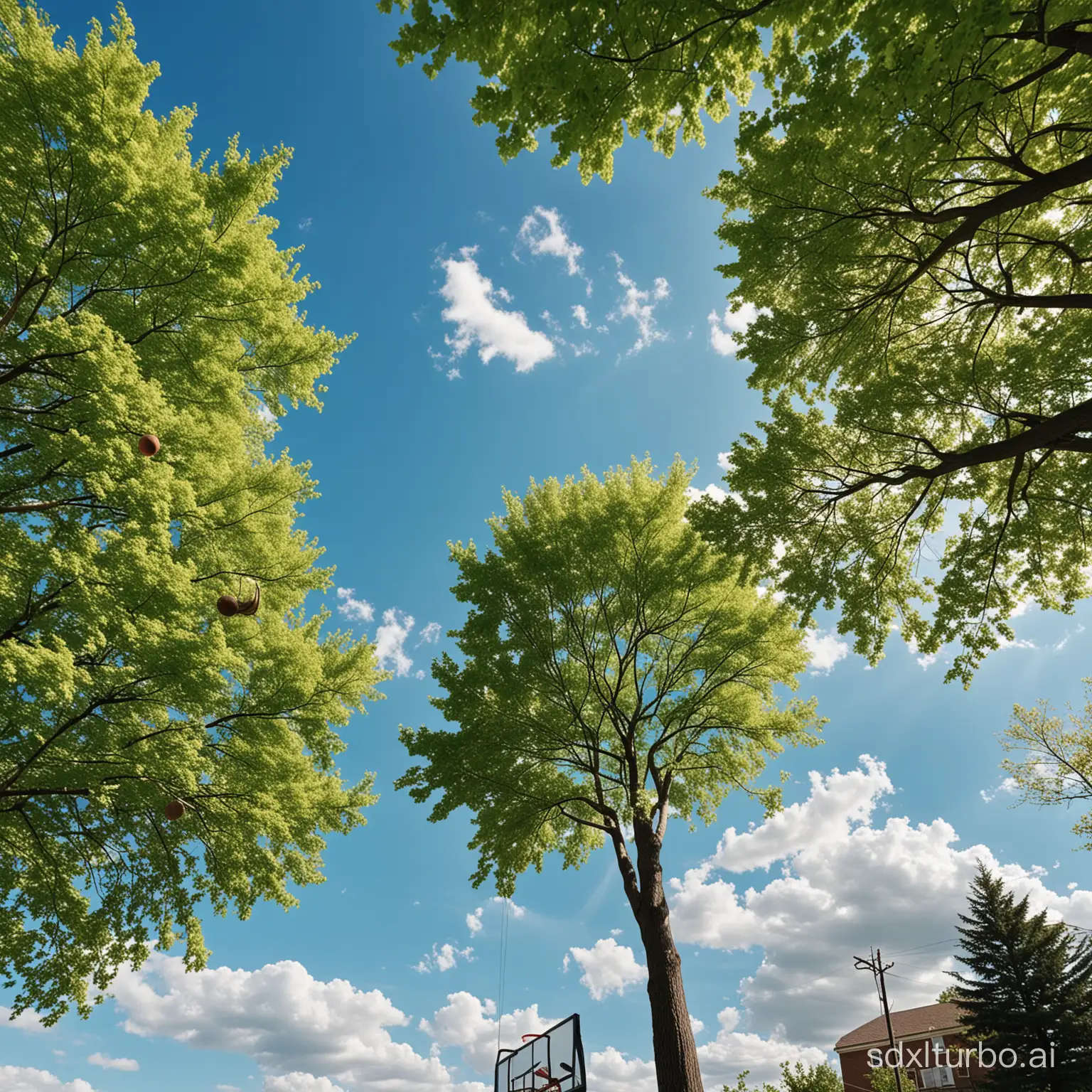 Blue sky, white clouds, green trees, basketball hoop