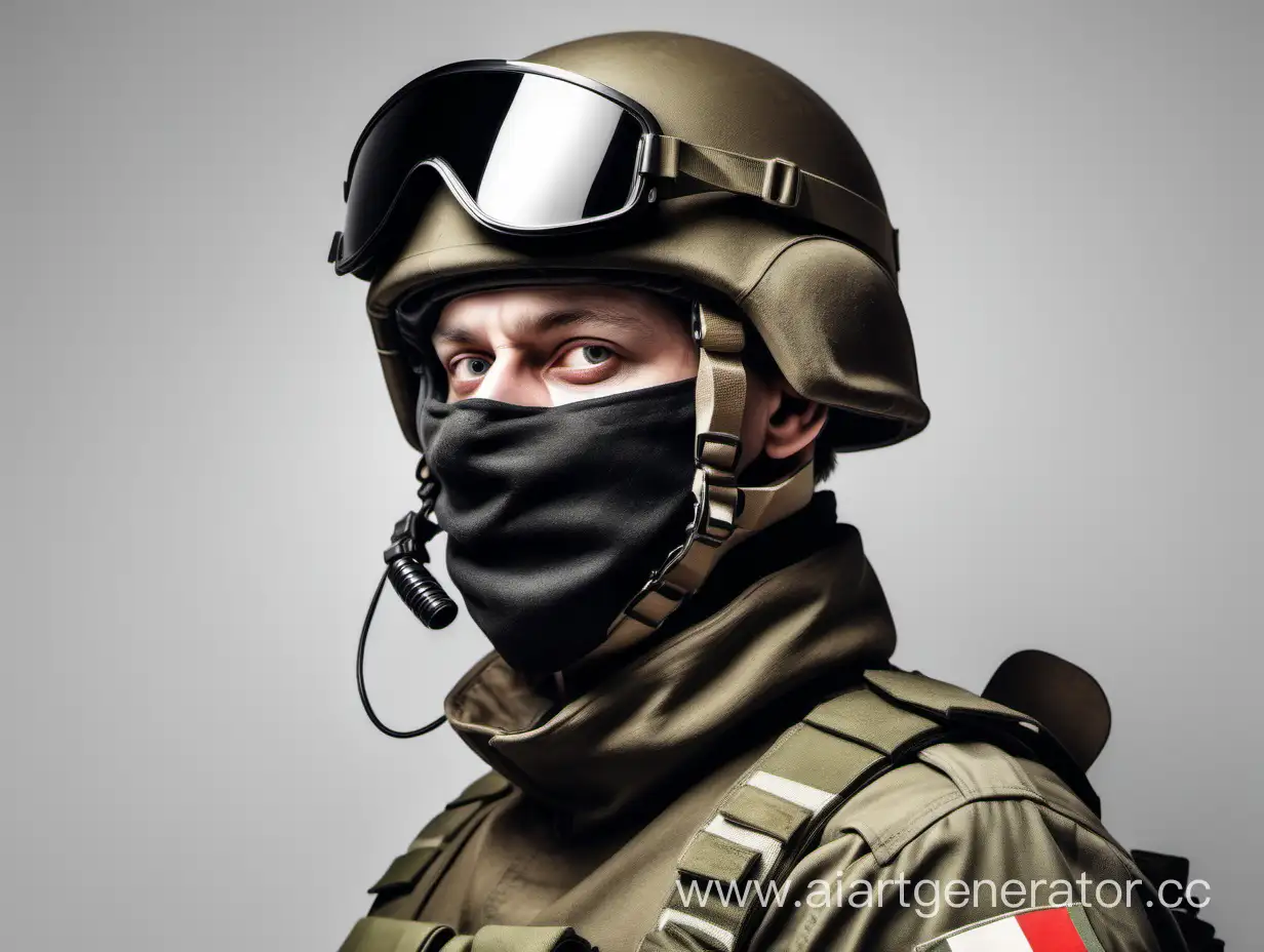 реалистичная фотография человека в военной форме России с закрытым лицом в шлеме без оружия на светлом фоне высокого качества и большое разрешение 