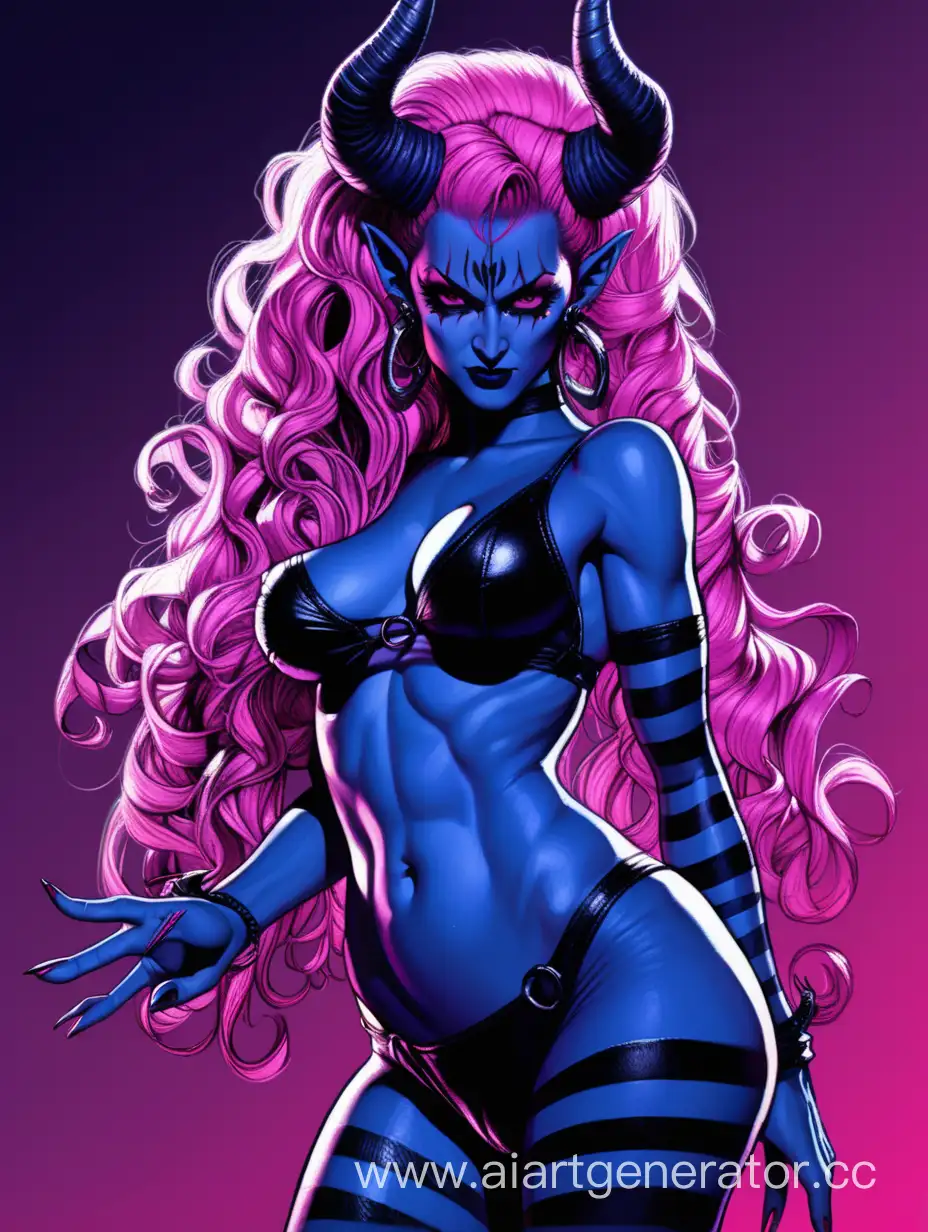Demon, Frank Miller's Sin City art style, curvy body, purple skin, long pink hair with curls, cyberpunk dark blue striper dancer outfit, horns, female character 
