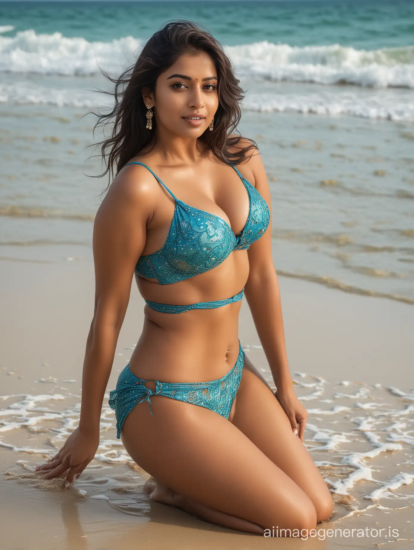 Busty Indian lady with visible curves, setting on sand with sensuous expression, ocean blue water in background, clear legs, close shot