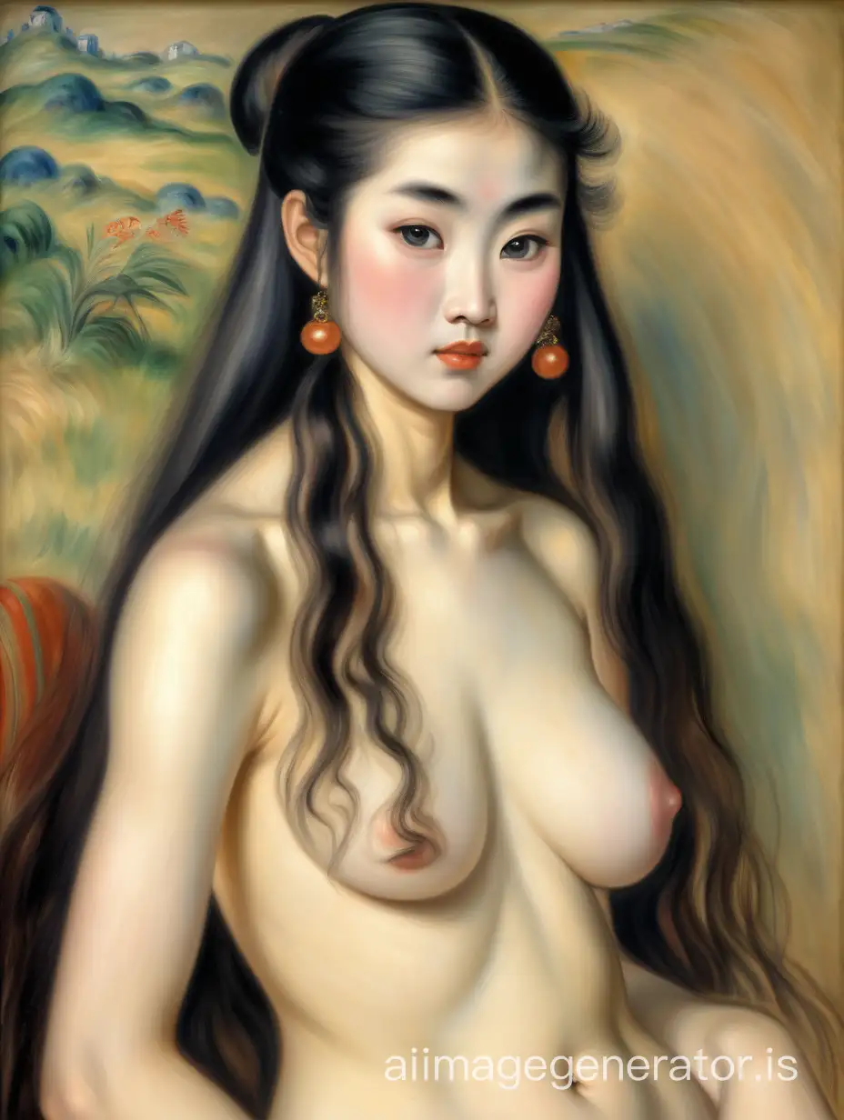 Renoir oil painting of a skinny big-busted hairy incredibly beautiful nude Chinese princess with long flowing hair and very thick eyebrows