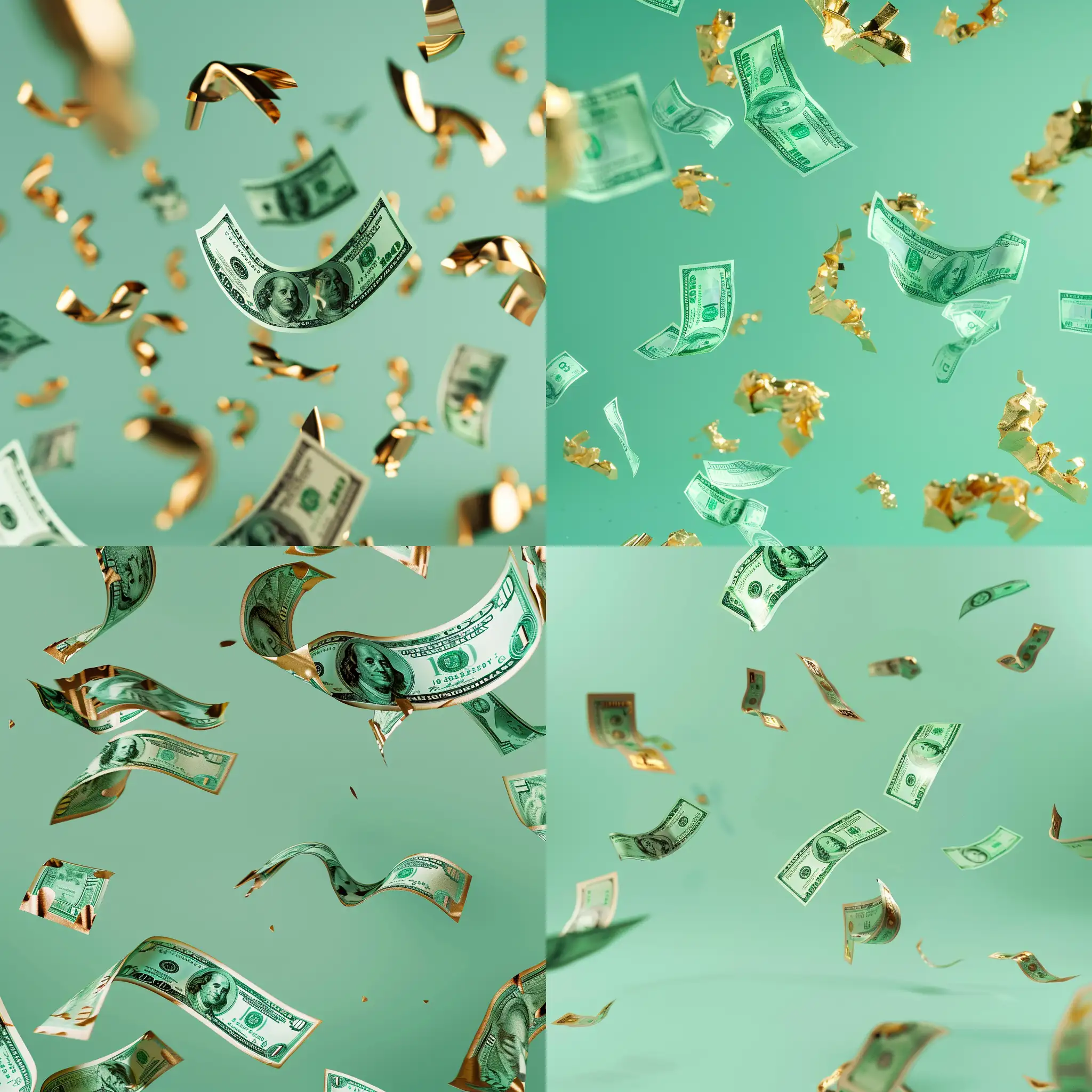 mint green money notes c8d5d0 colour, gold accents, money flying  