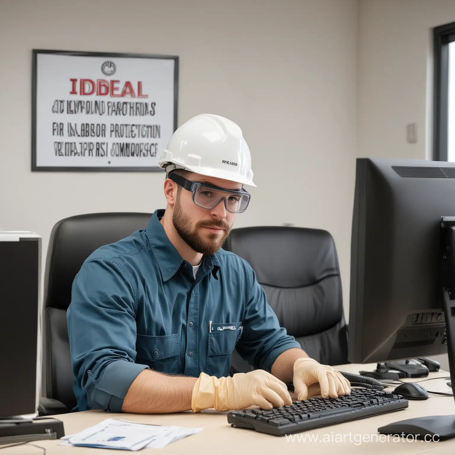 SafetyConscious-Employee-Working-at-Computer-with-Labor-Protection-Sign