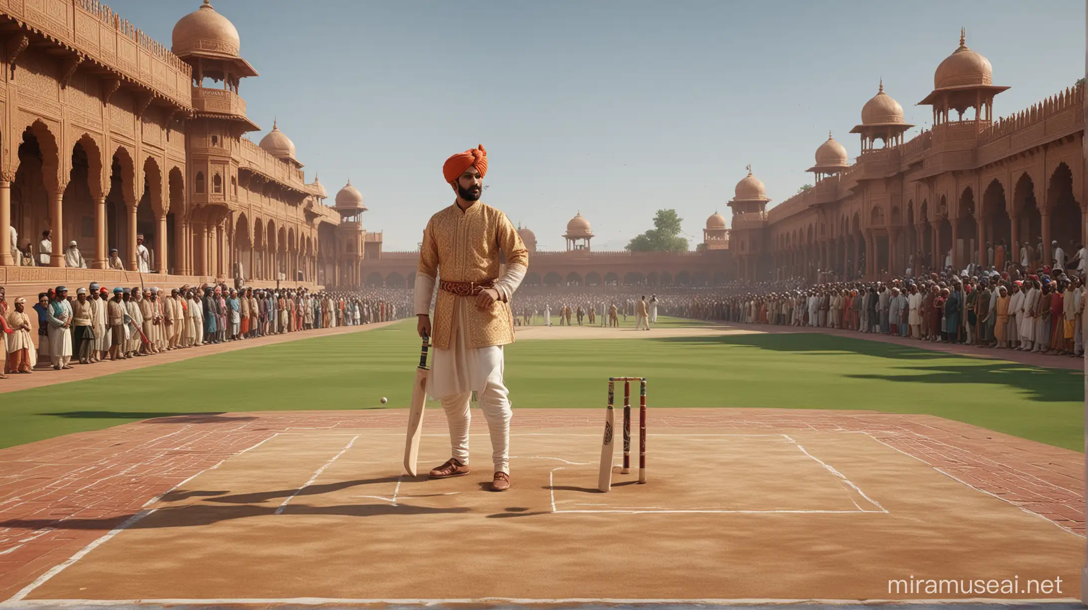 Mughal Emperor Akbar Engaged in a Historical Cricket Match in Traditional Attire