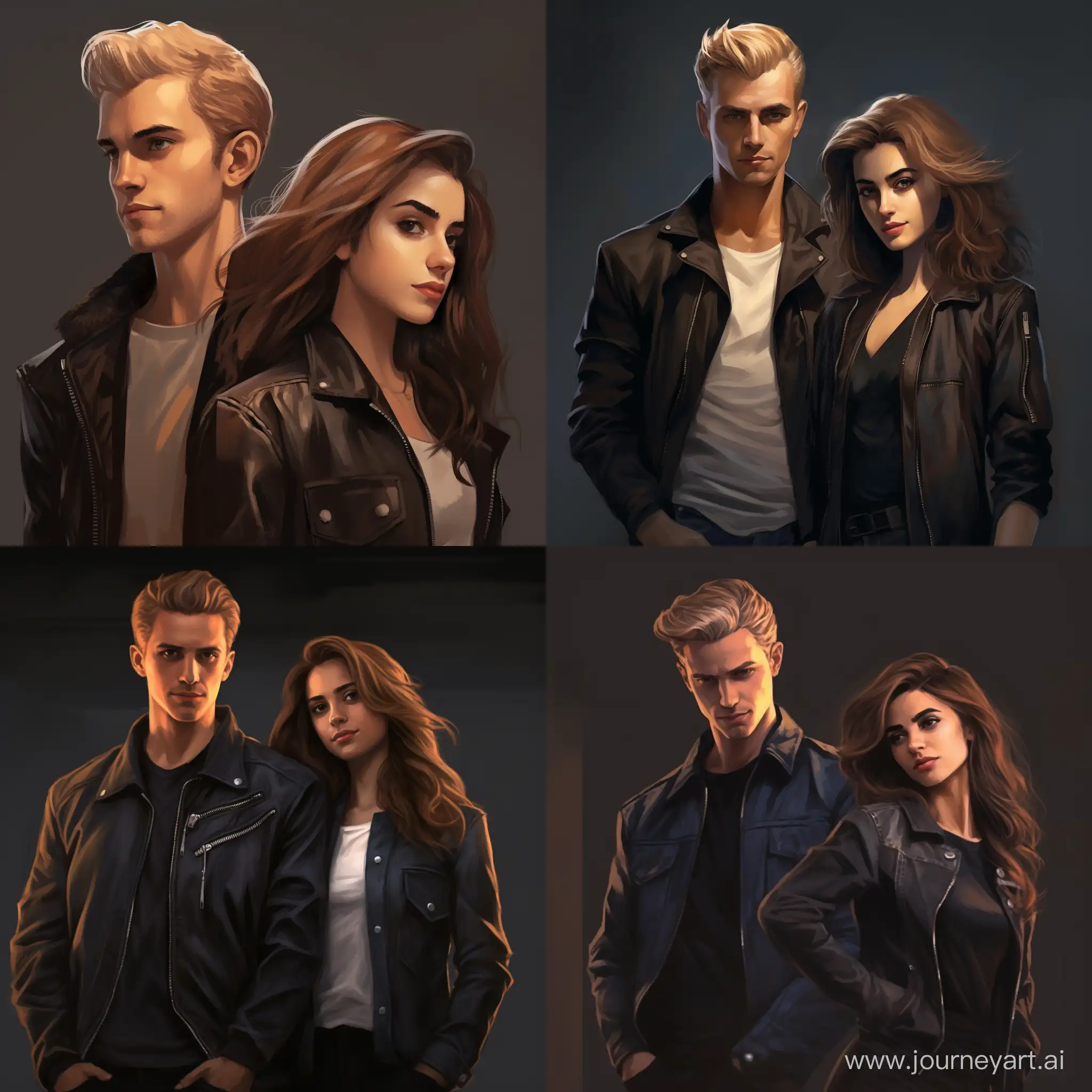 Draco Malfoy and Hermione Granger. Hermione is brunette and wearing a shirt, and Draco is wearing a leather jacket