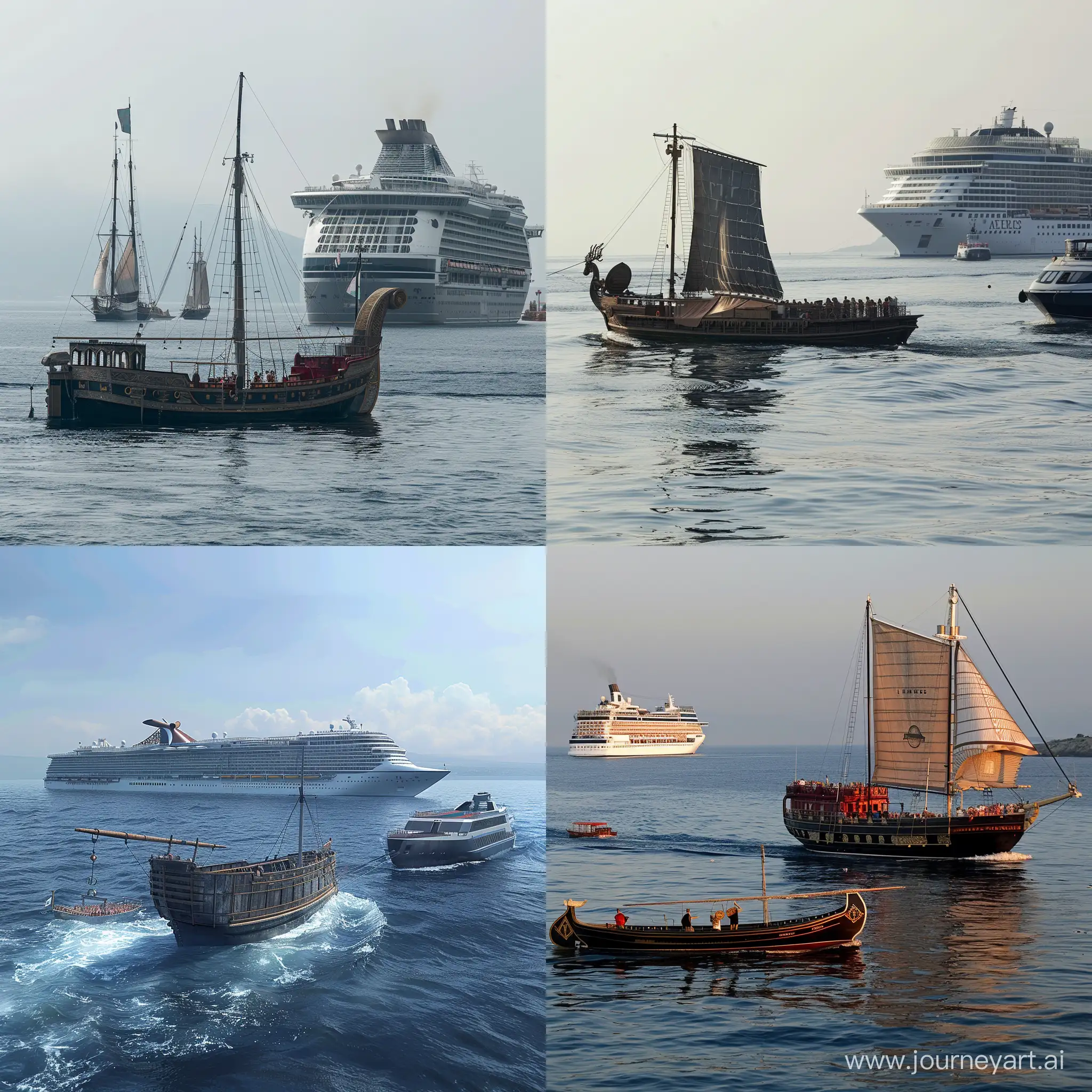 Ancient-Roman-Galley-and-Modern-Cruise-Liner-Sailing-Together