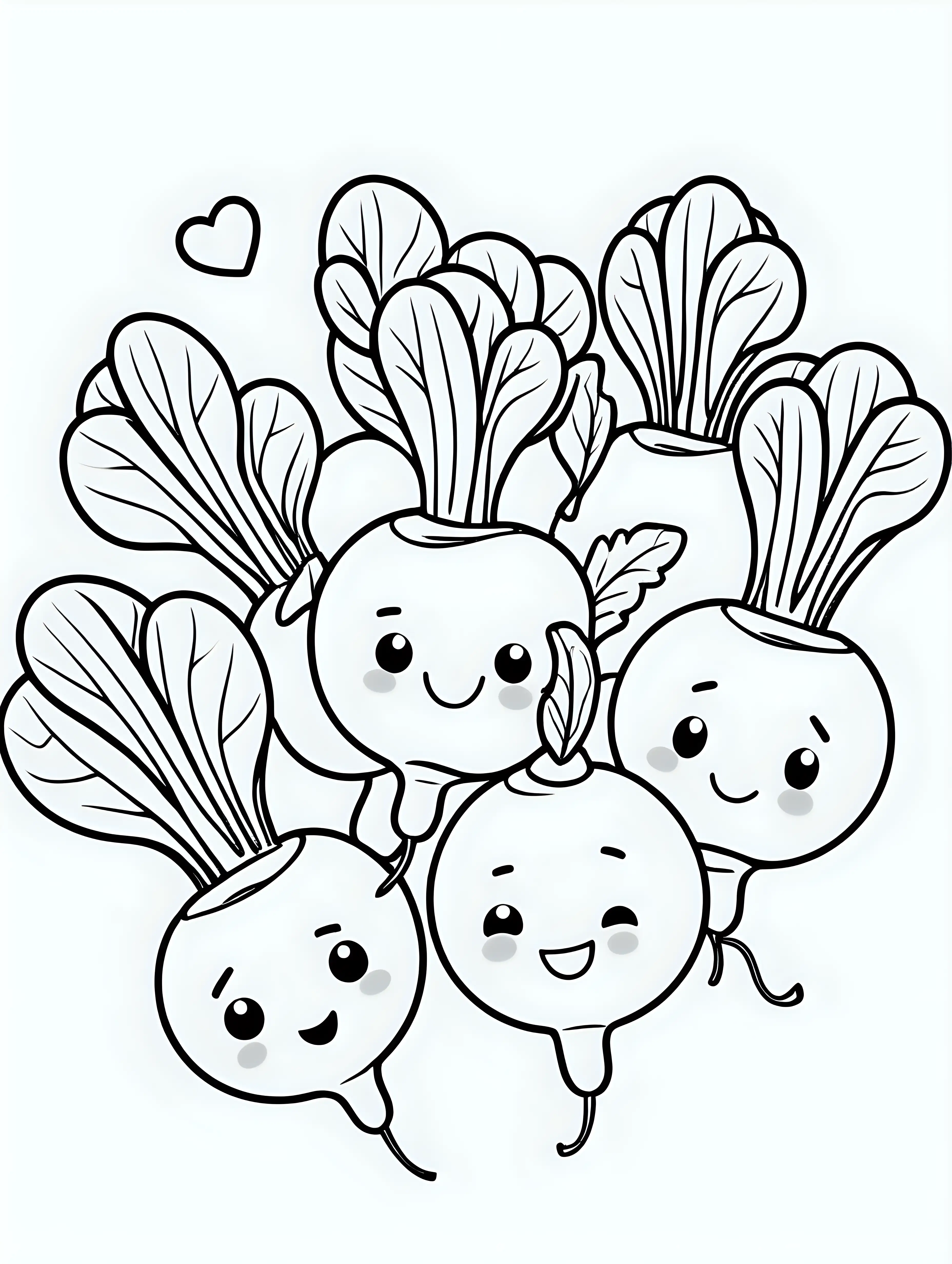 coloring book, cartoon drawing, clean black and white, single line, white background, cute radishes, emojis