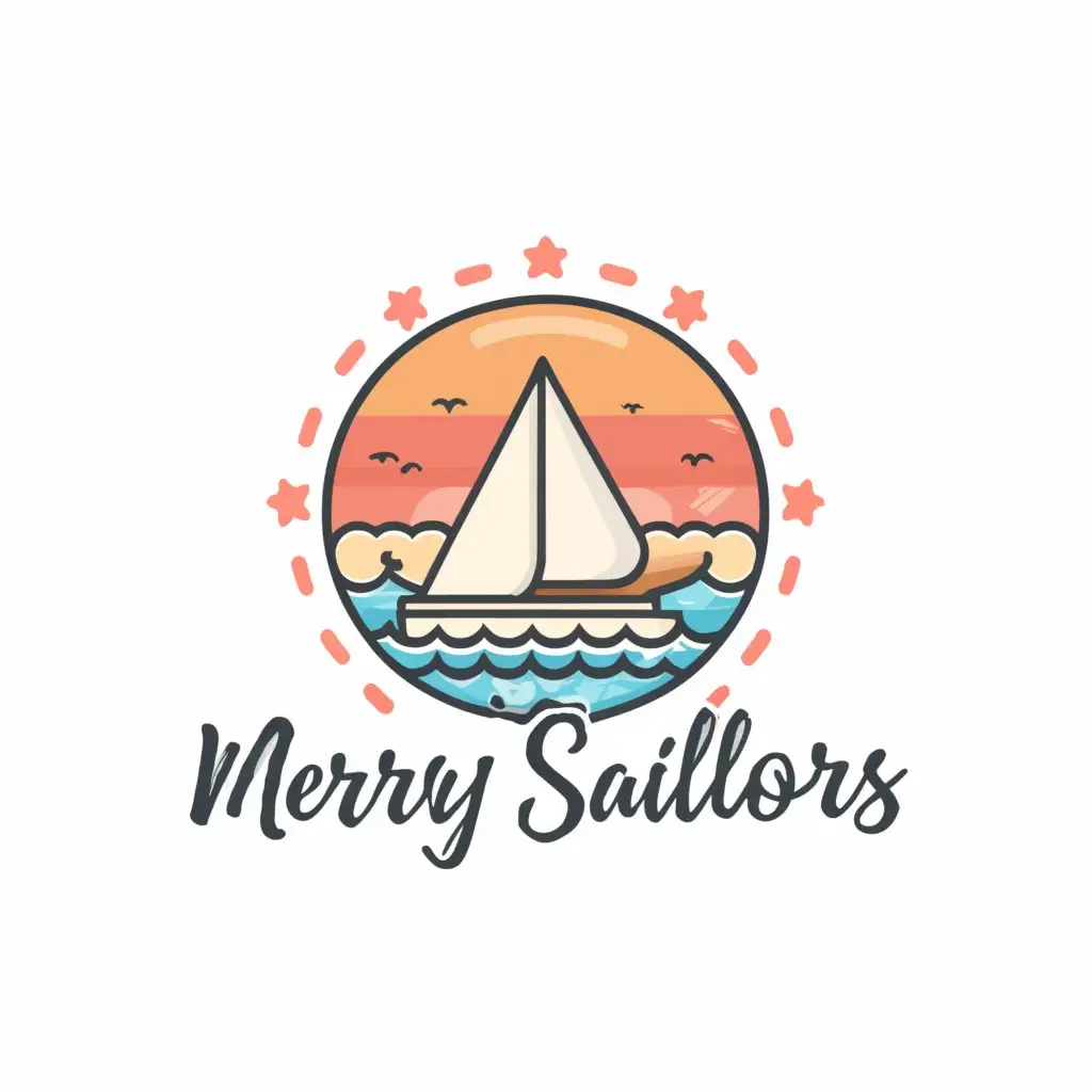 a logo design,with the text "Merry Sailors", main symbol:A simplistic white sailboat atop a blue sea and pink, orange, magenta clouds. Circle logo. Simplistic.,Moderate,clear background
