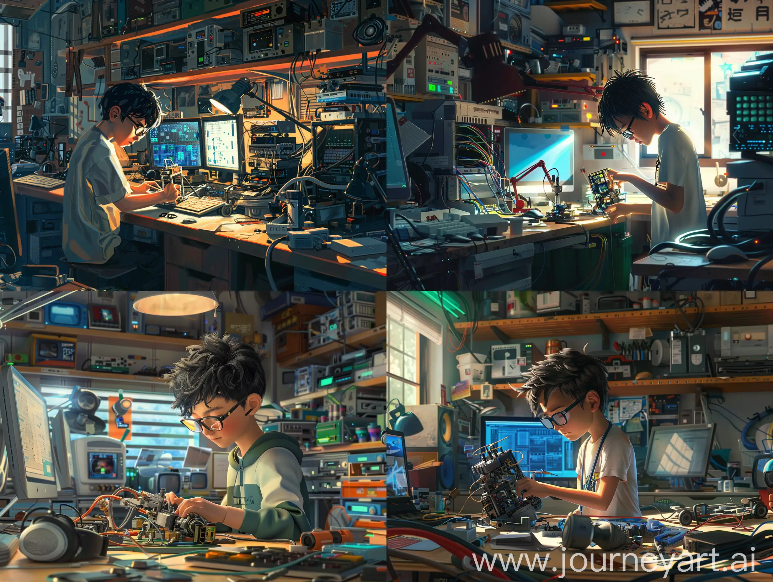 a boy constructing mechatronic device wearing glasses in garage alongside computers, breathtaking surreal visualization, hiroshi nagai aesthetic