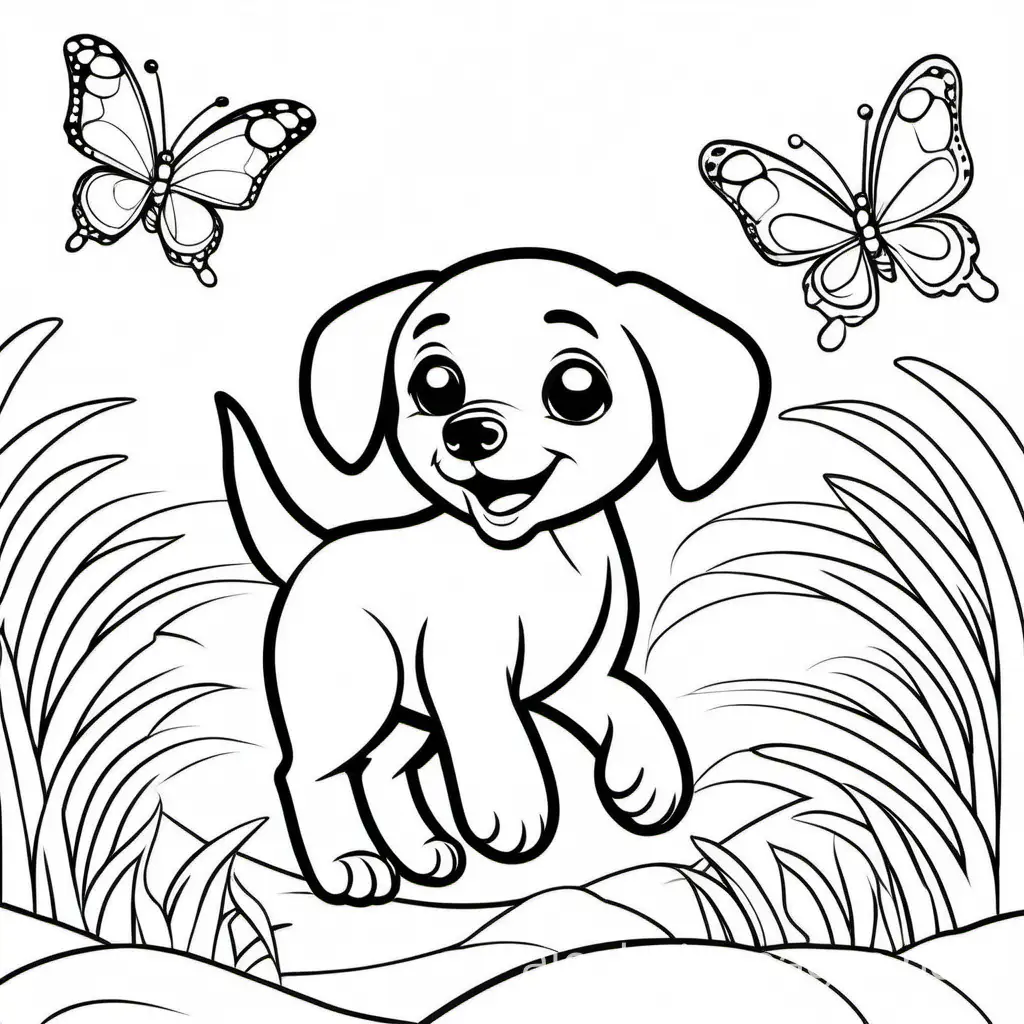 Create cute golden puppy chasing butterfly, Coloring Page, black and white, line art, white background, Simplicity, Ample White Space. The background of the coloring page is plain white to make it easy for young children to color within the lines. The outlines of all the subjects are easy to distinguish, making it simple for kids to color without too much difficulty