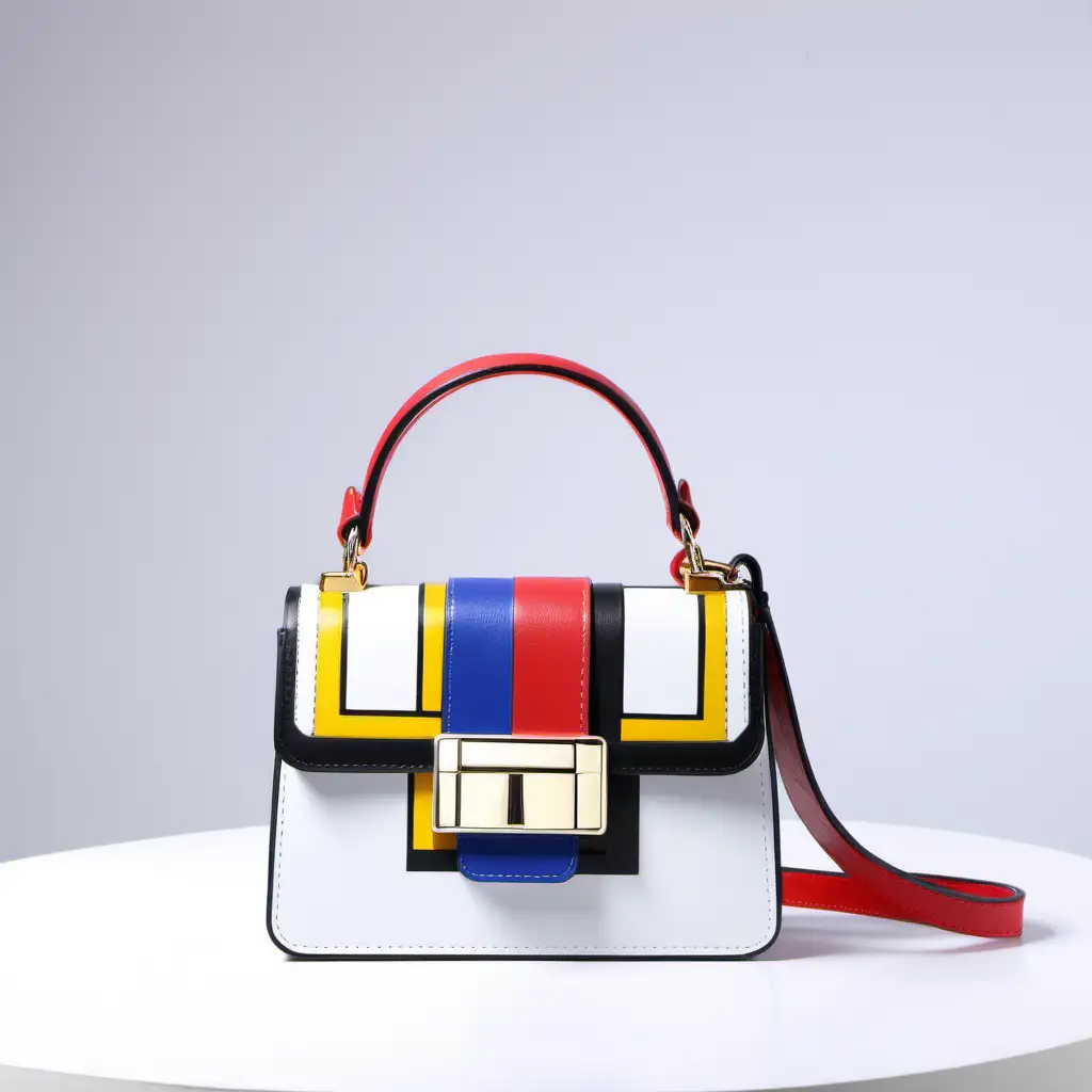 Mondrian inspired mini luxury leather bag  - flap and gold metal buckle - frontal view