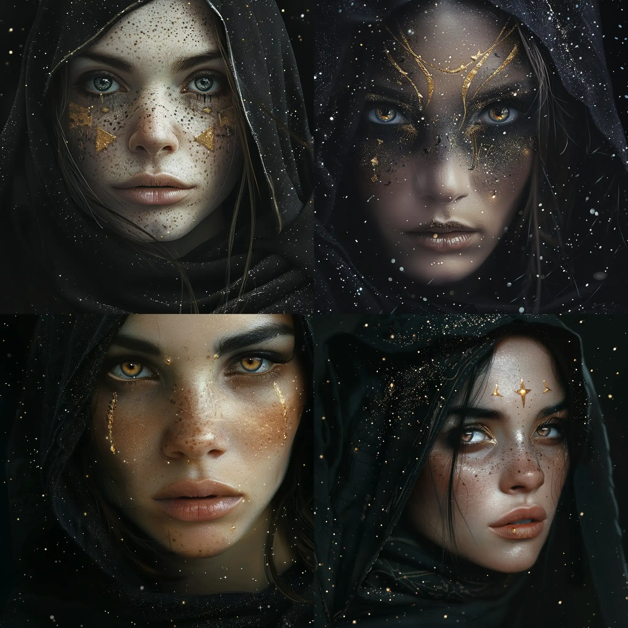 A striking  highly detailed image of a beautiful otherworldly mysterious medieval woman with piercing eyes and a few gold markings on her face. She is wearing a black hood. The background  is black and stars . Beautiful magical mysterious fantasy surreal highly detailed . Pre Raphaelite 