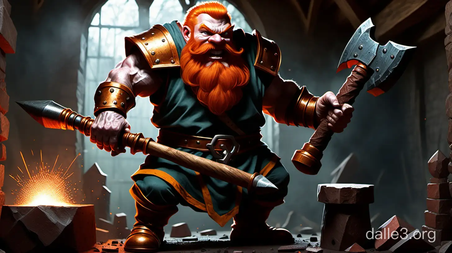 Ginger Dwarf Forging Mighty Weapon in Room Forge | Dalle3 AI